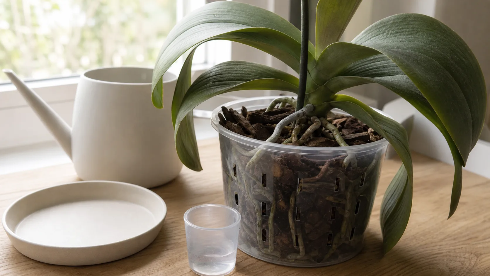 Small sips do not wet the whole orchid root zone Phalaenopsis orchid in a clear bark-filled pot beside a tiny water cup, full watering vessel, and drainage tray