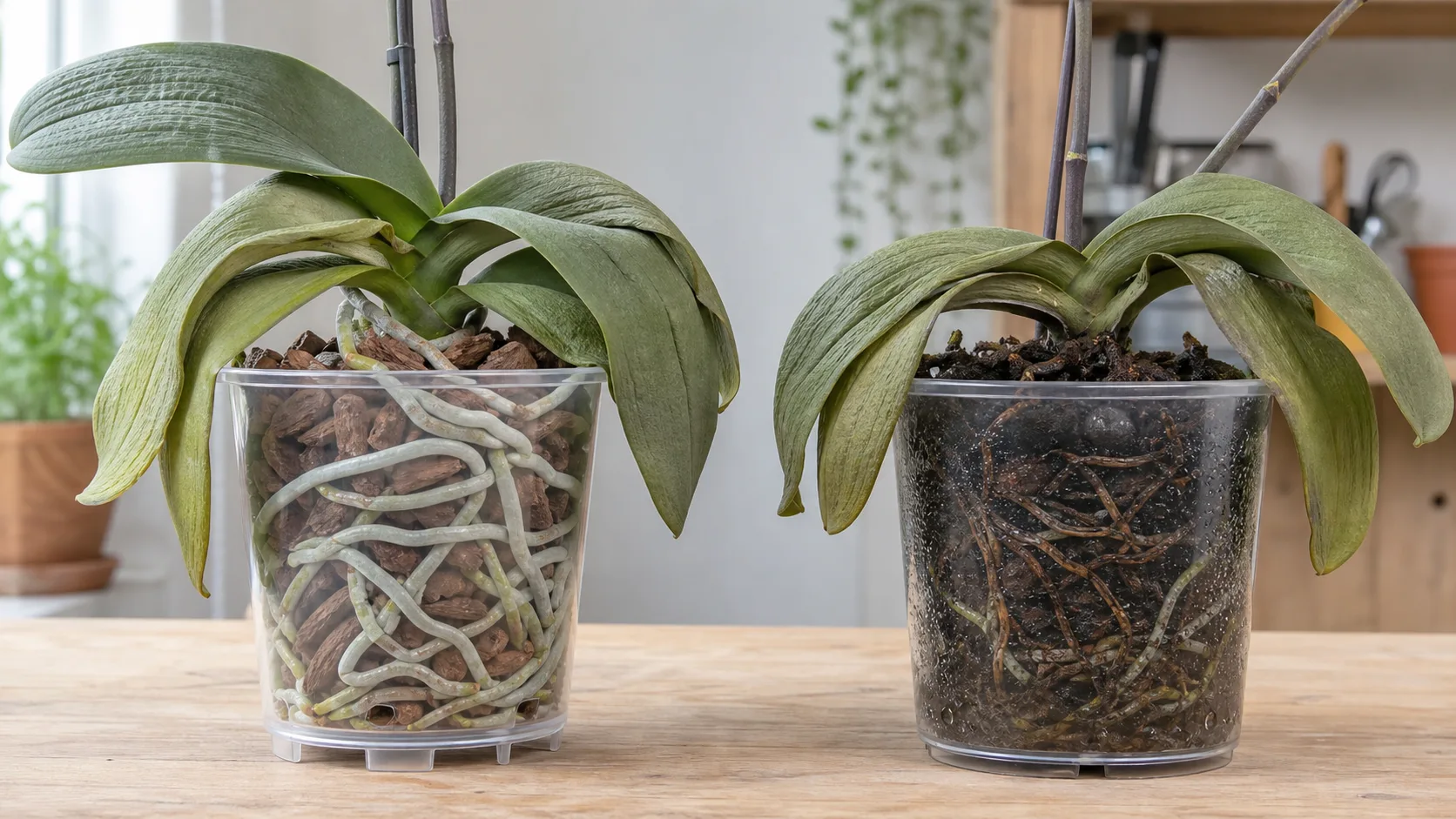 Visual difference between orchid underwatering and root failure Two clear orchid pots comparing firm silver roots in dry chunky bark with thin brown roots in wet broken-down bark