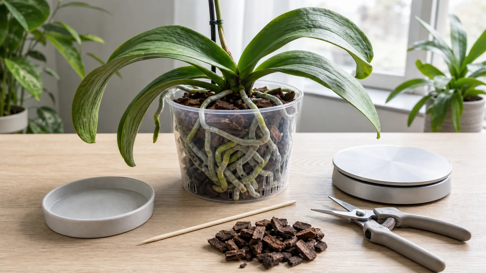 Observable checks used in the root-first diagnosis framework Transparent orchid pot assessed with a wooden skewer, drainage tray, fresh bark sample, clean snips, and a kitchen scale