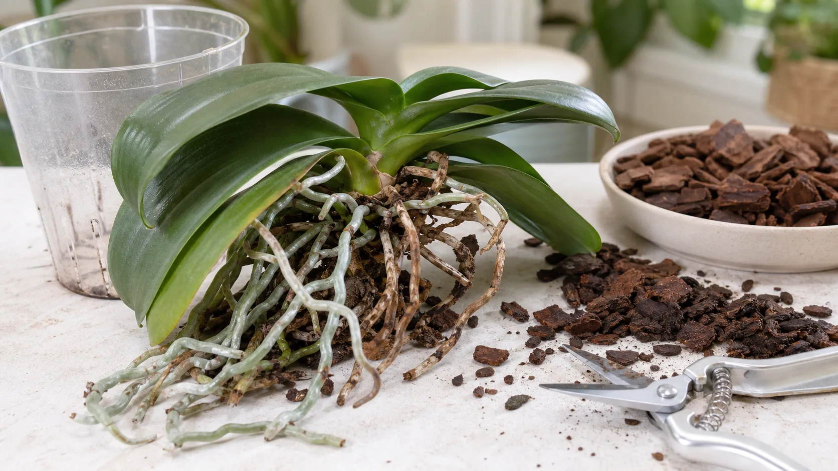Inspect living and dead orchid roots before repotting Unpotted Phalaenopsis with firm live roots, hollow brown roots, fresh bark, and pruning snips