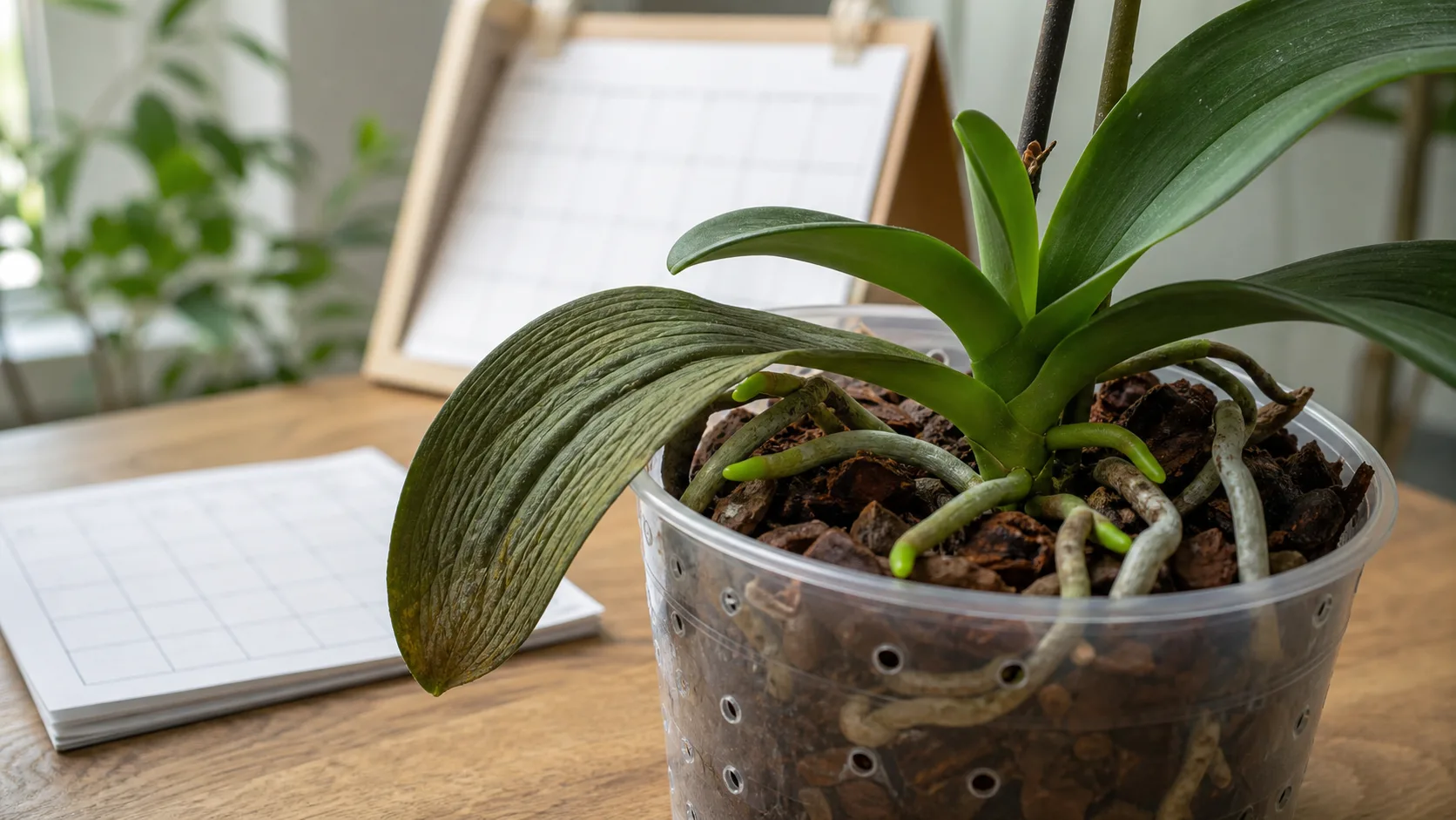 New roots and leaves are better recovery signals than old wrinkles Recovering Phalaenopsis orchid with one older wrinkled leaf, a firm new center leaf, and bright green growing root tips