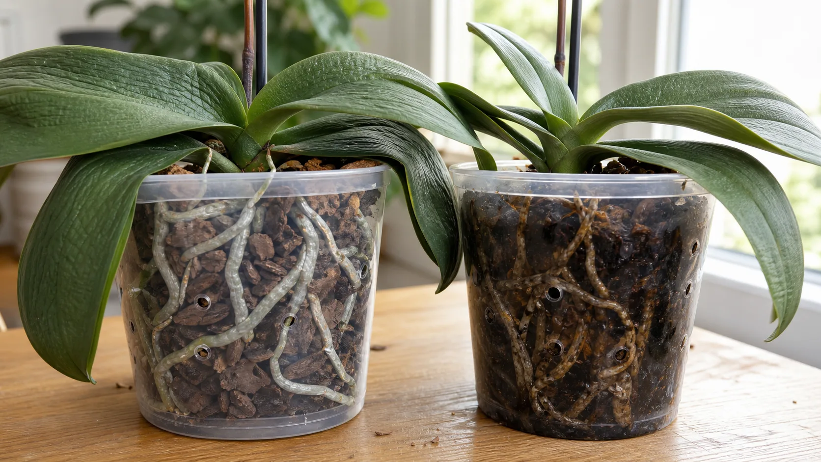 Dry functional roots versus wet failing roots Side-by-side Phalaenopsis orchids showing firm silver roots in dry bark versus collapsed roots in wet decomposed bark