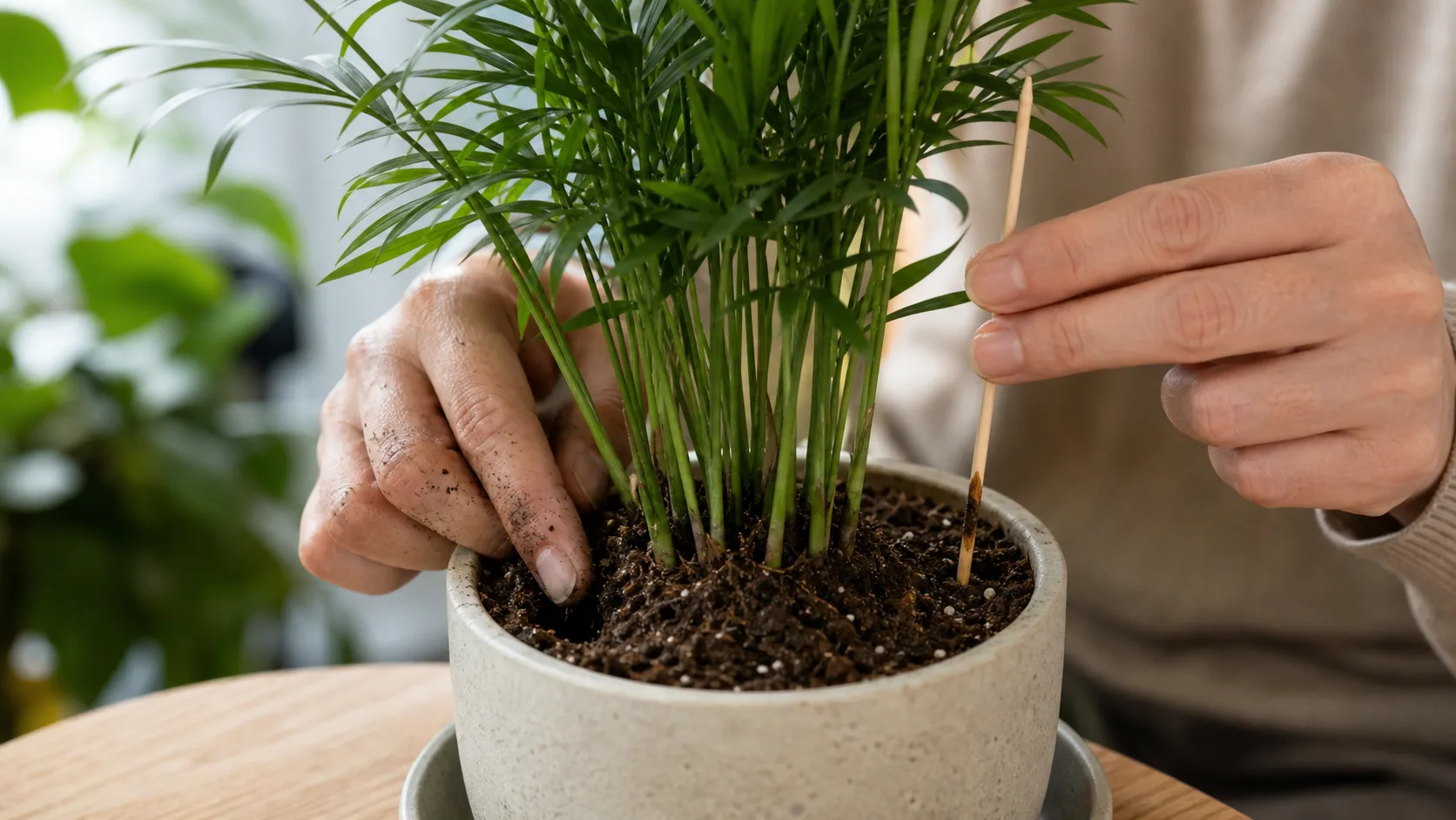 Check Moisture Below the Surface Before Watering Parlor Palm Care: Low-Light Tolerance Without Overwatering - Check Moisture Below the Surface Before Watering