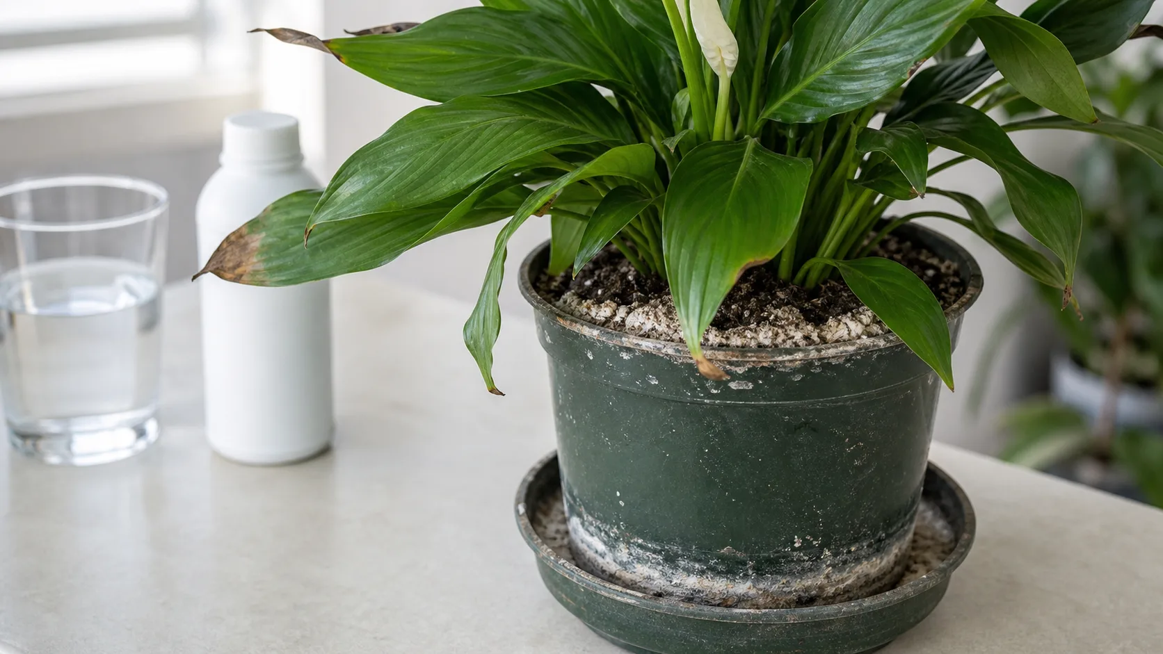 Visible salt residue is an important diagnostic clue Mineral residue around a peace lily pot and saucer