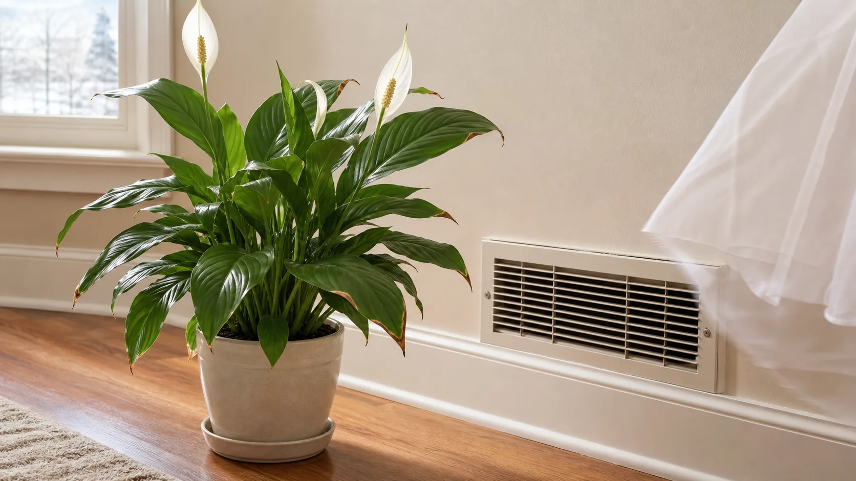 Dry airflow can create narrow papery brown tips Peace lily with brown tips beside a heating vent
