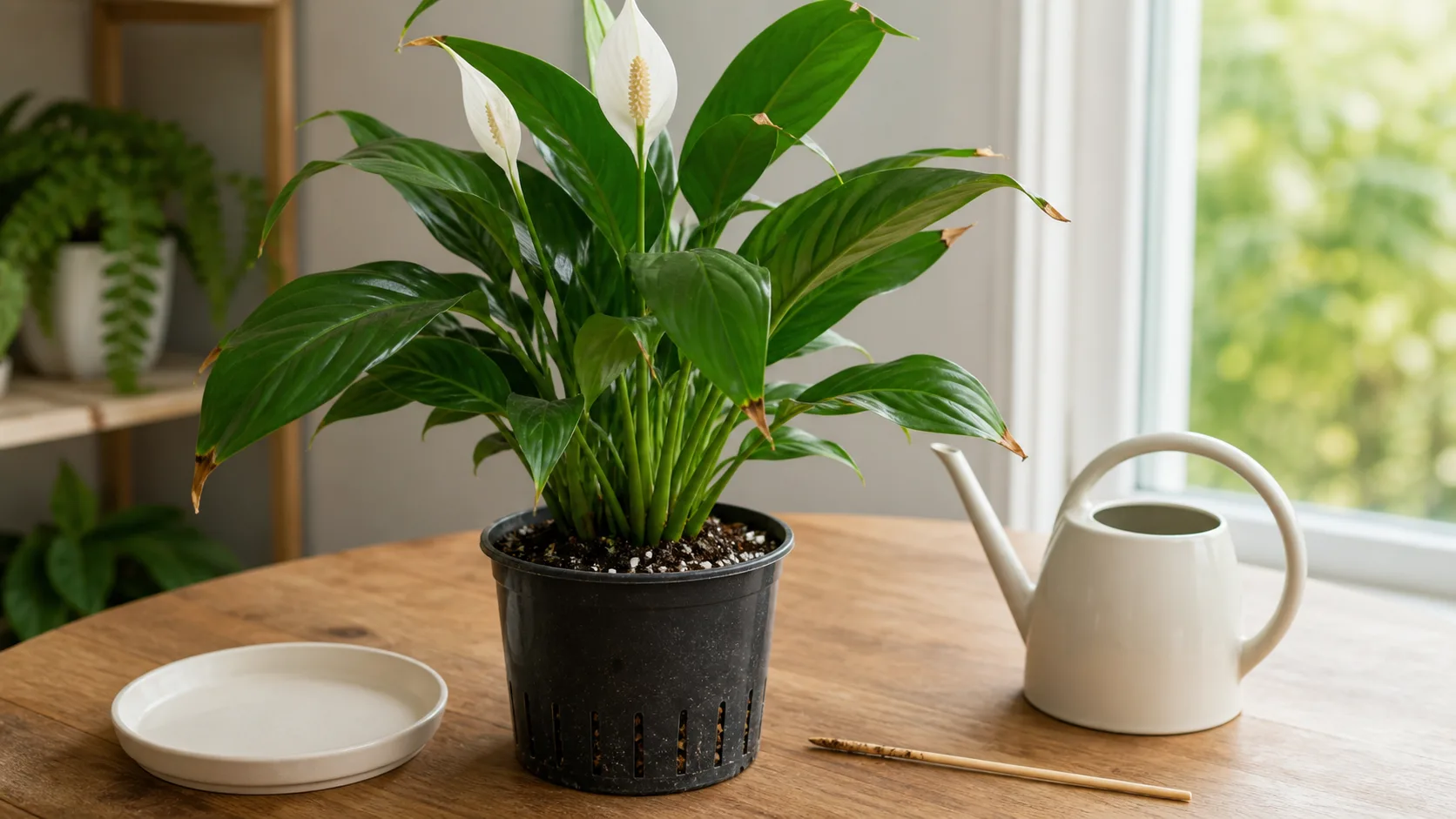 Check moisture at depth before watering again Peace lily with a moisture skewer, empty saucer, and watering can