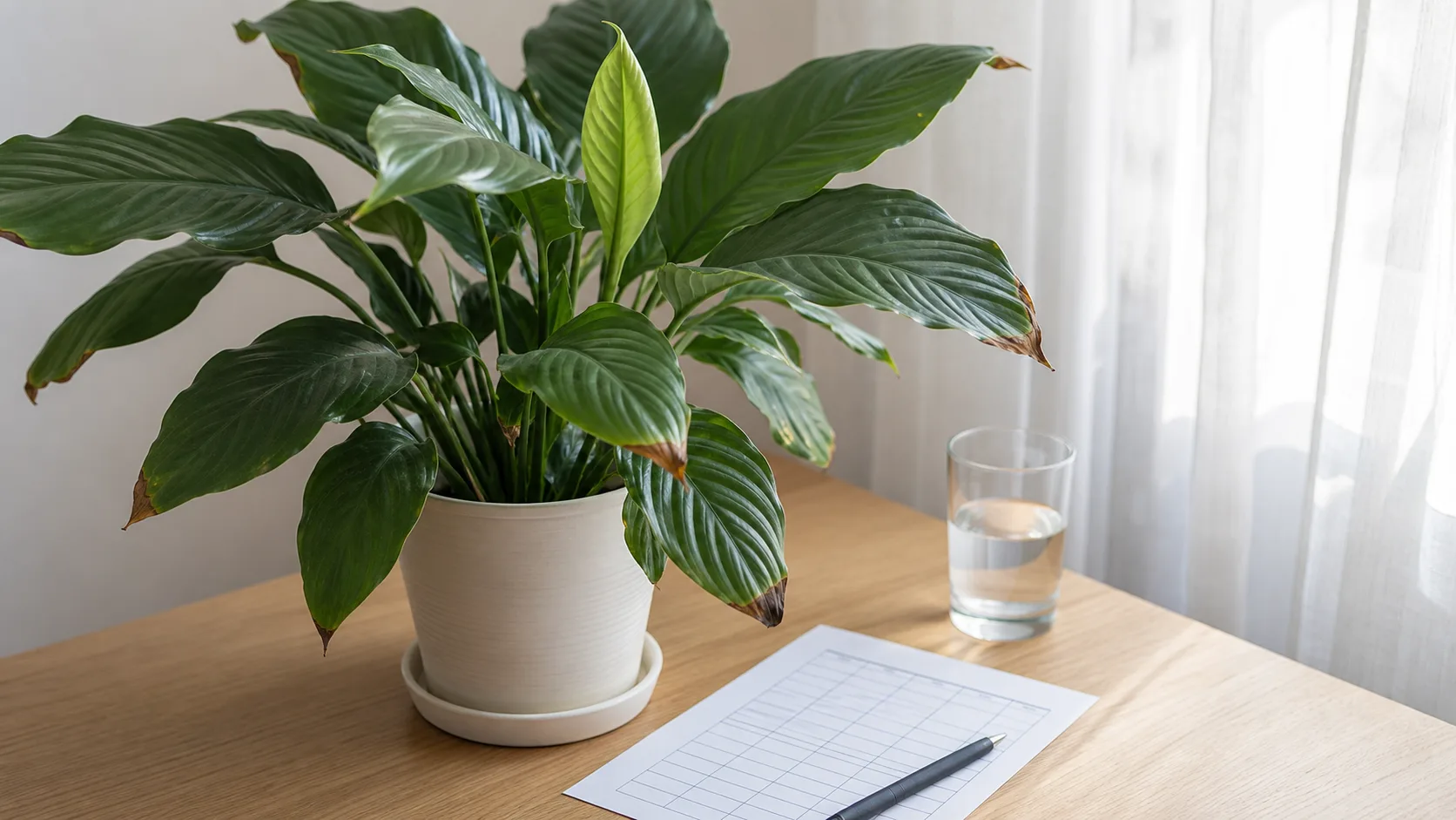 Track new growth after making one supported change Peace lily beside a blank care log for tracking one change