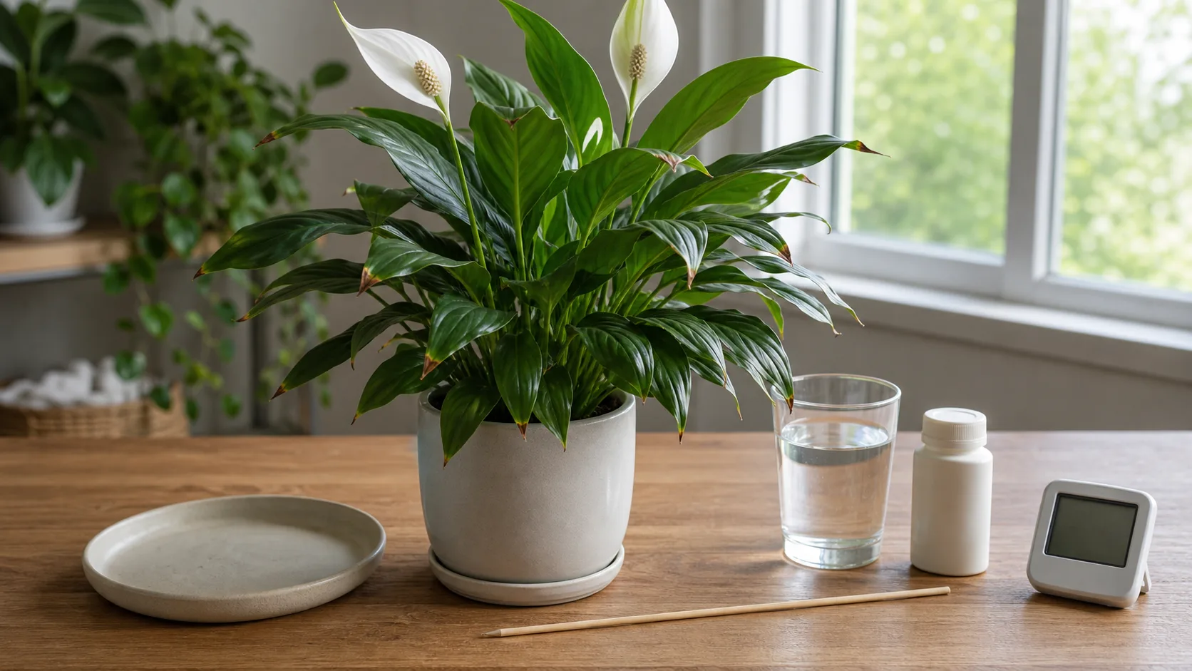 Use several observations together before choosing a remedy Peace lily diagnostic setup with water, saucer, skewer, and humidity meter