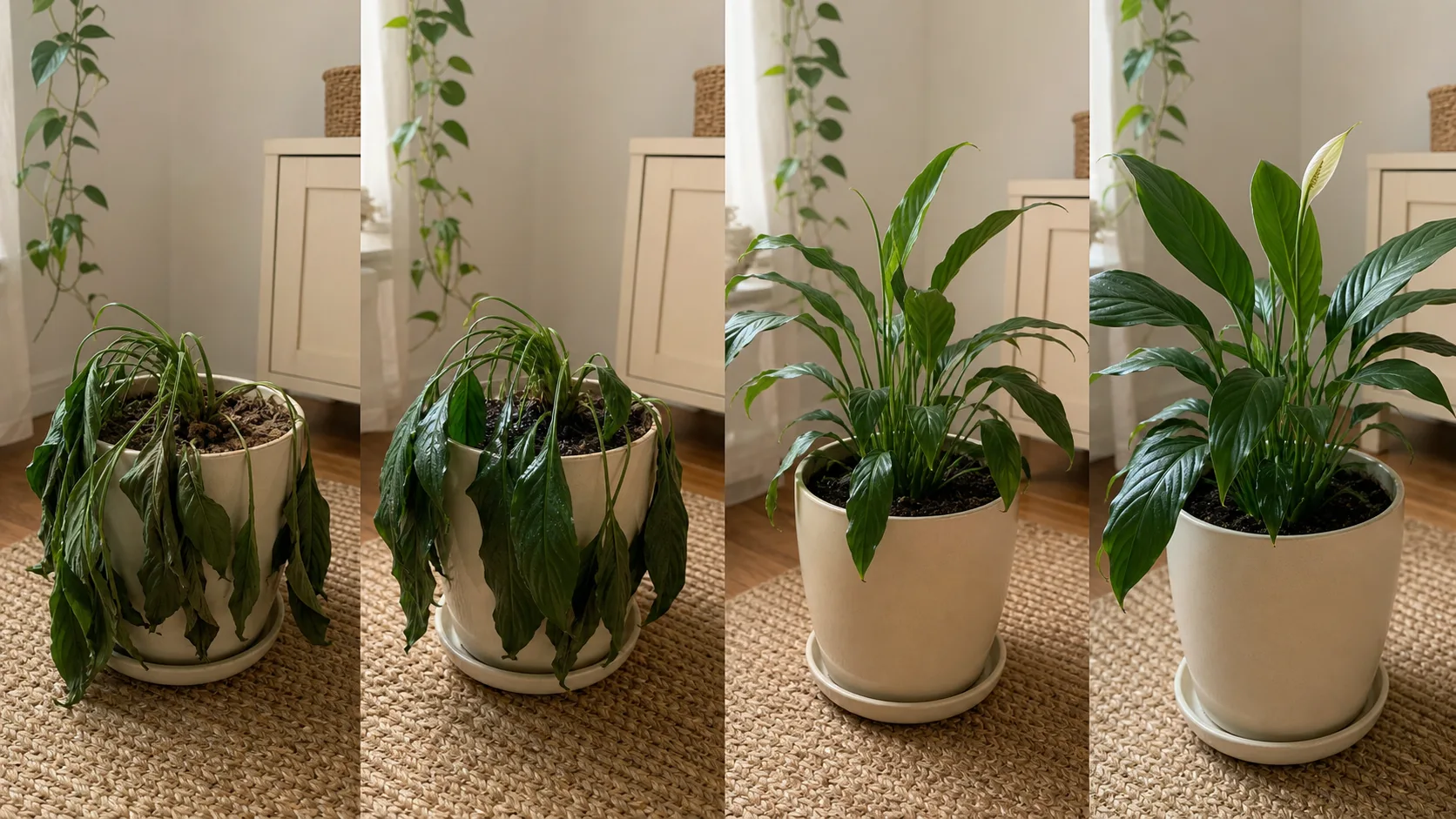 Four-stage Peace Lily sequence from severe dry-soil droop through watering and gradual recovery