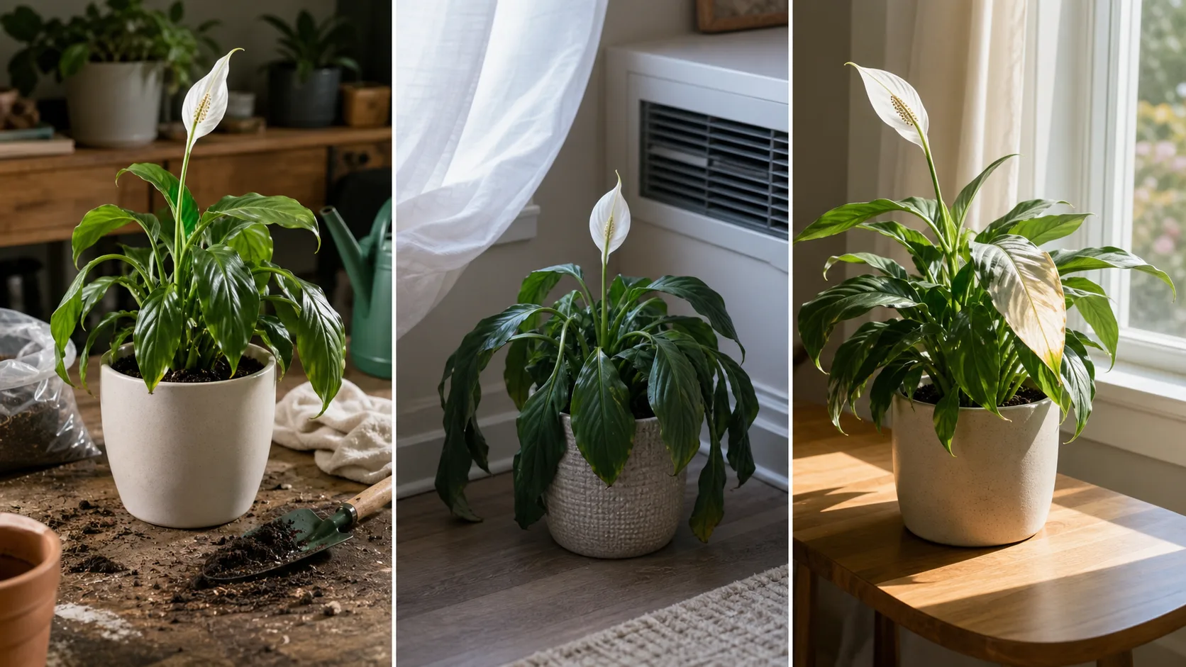 Peace Lily recent-change comparison showing repotting, a cold vent, and harsh direct window light