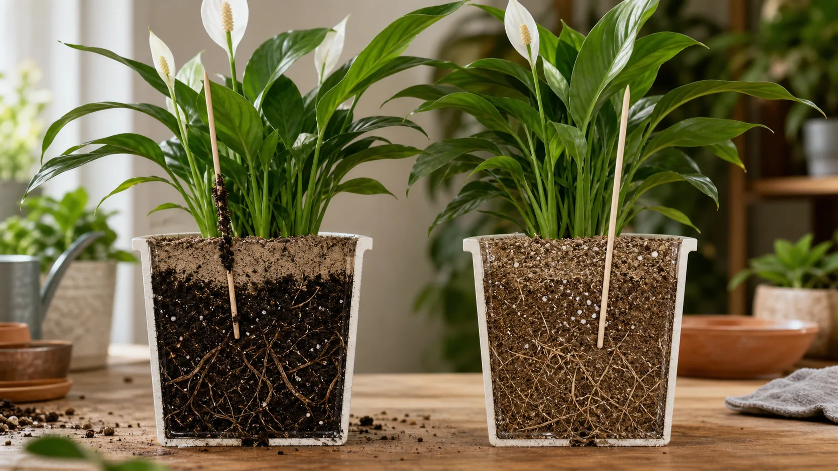 Cutaway Peace Lily pots comparing a dry surface over a wet root zone with soil that is dry more evenly