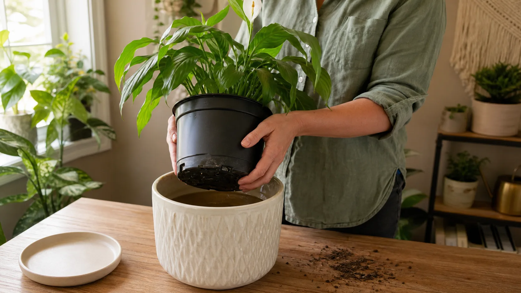 Peace Lily nursery pot lifted from a ceramic cachepot to reveal hidden standing runoff