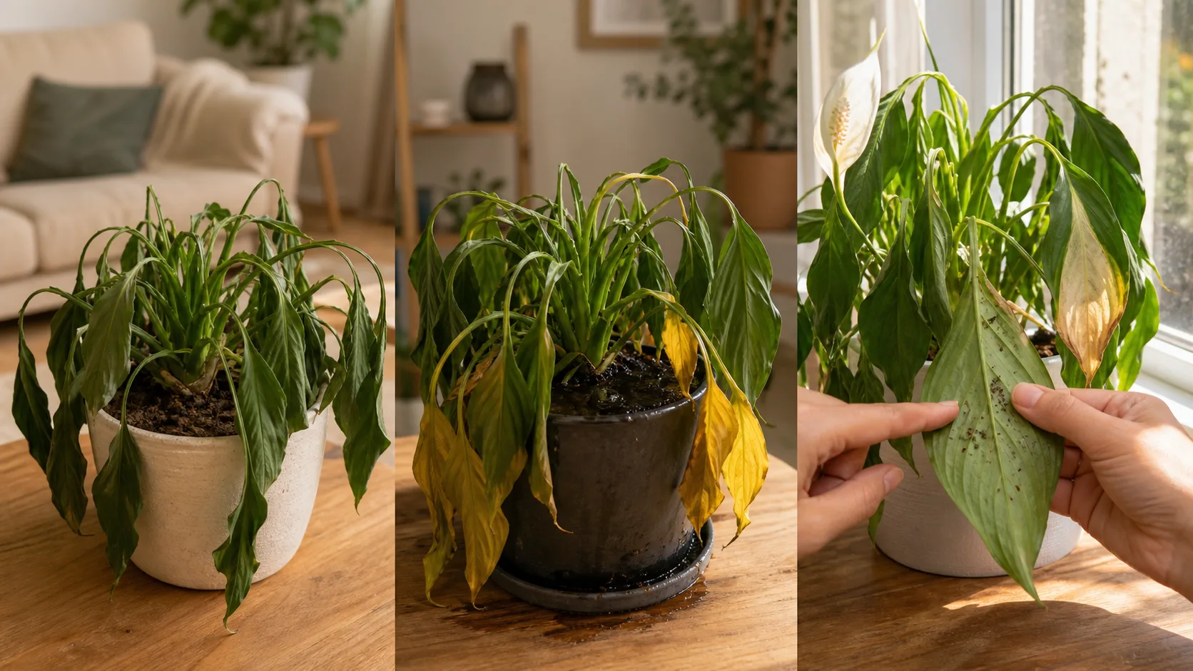 Three Peace Lily drooping patterns showing dry-soil thirst, wet-soil yellowing, and light or pest stress