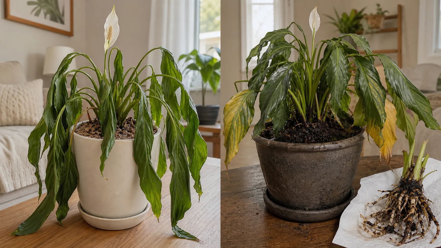 Side-by-side Peace Lilies showing green thirst wilt in dry soil and yellow wet-root stress with damaged roots
