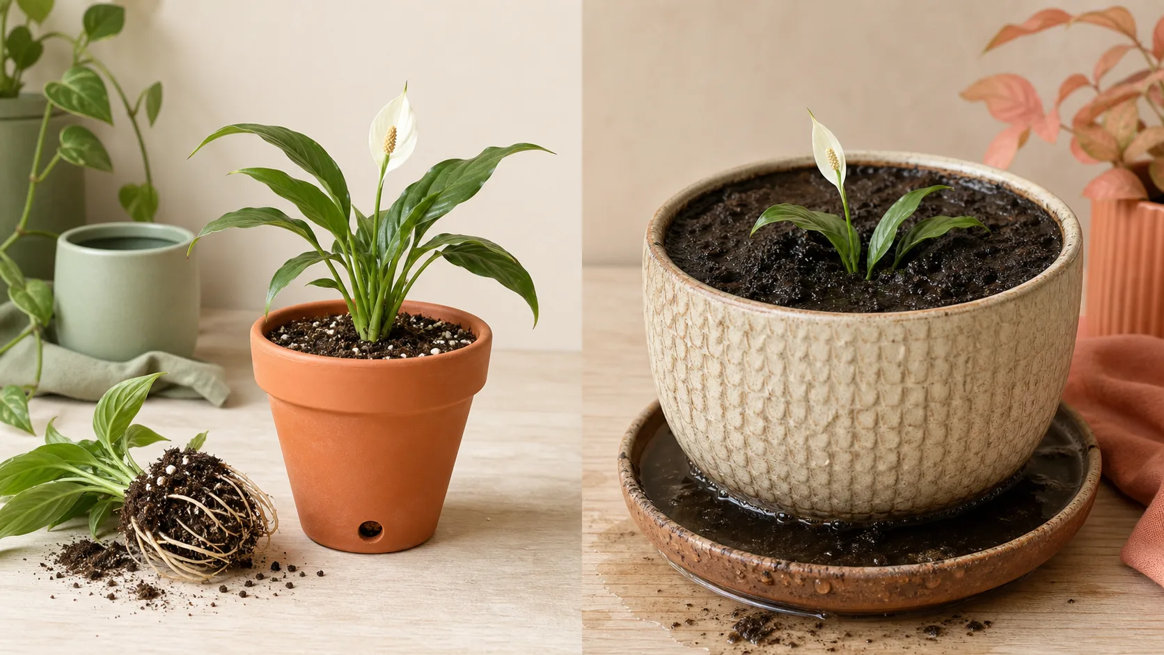 A peace lily division in a snug draining pot beside one in an oversized wet pot