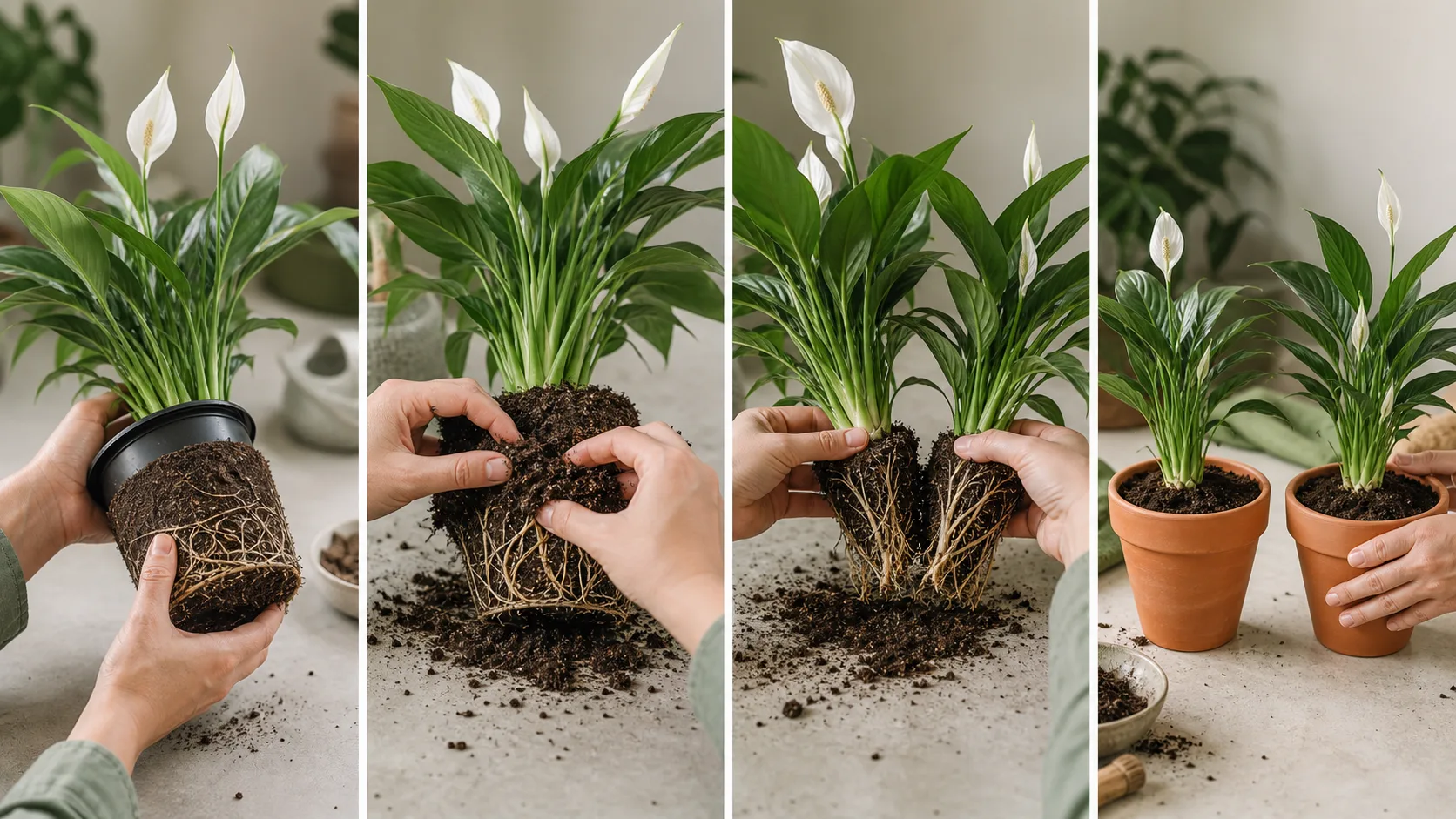 Four stages of removing, loosening, separating, and repotting peace lily crowns