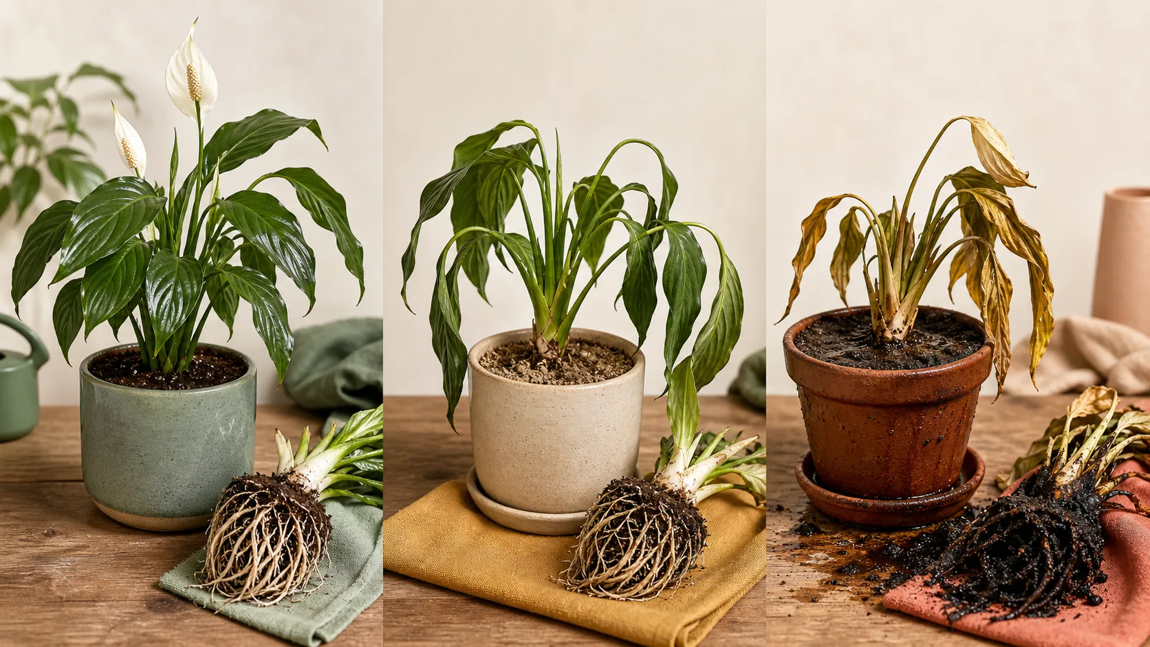 Peace lily transplant stress, dry-soil thirst, and wet-root rot compared side by side