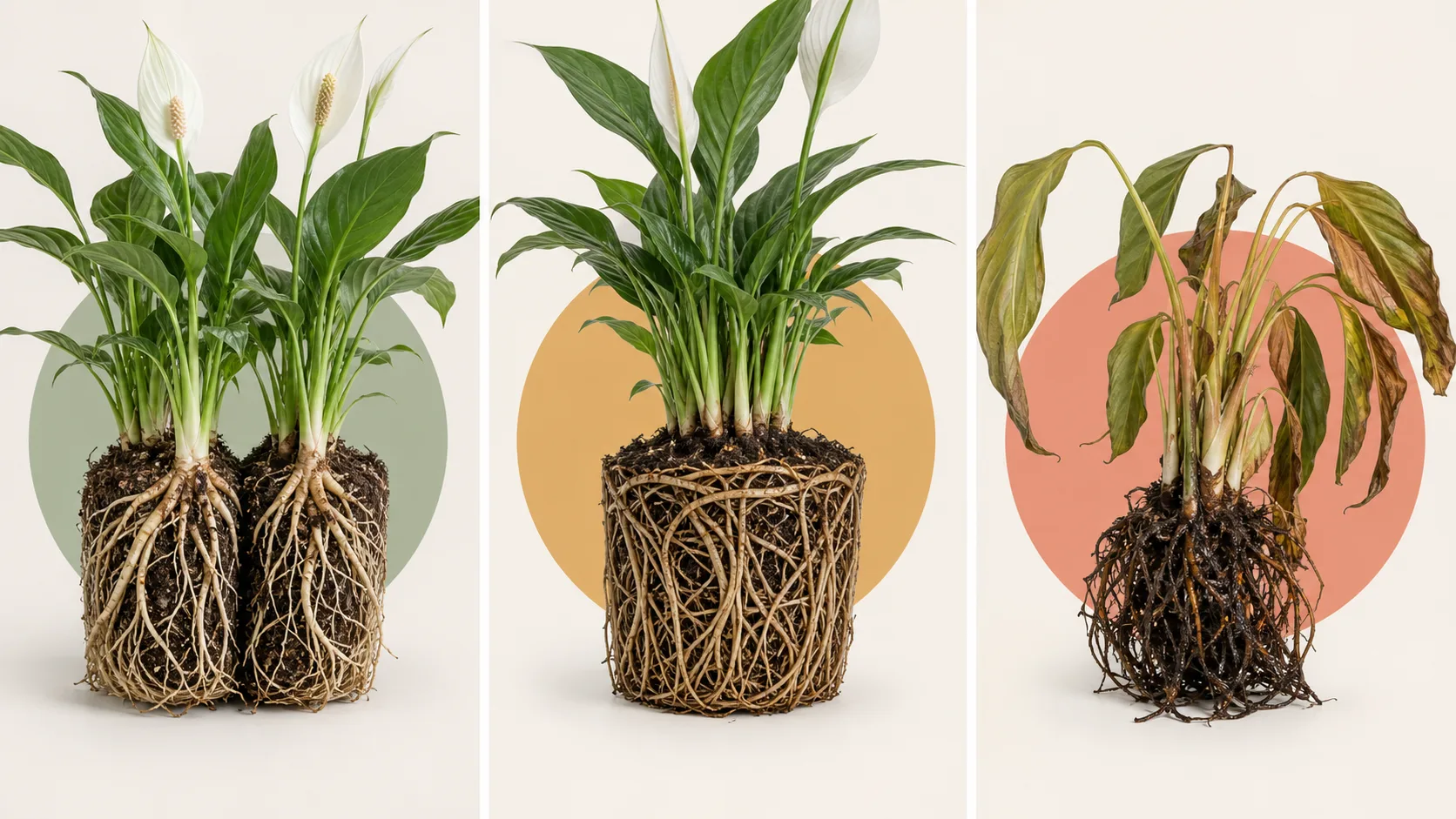 Healthy divisible crowns, one rootbound crown, and a stressed peace lily root system