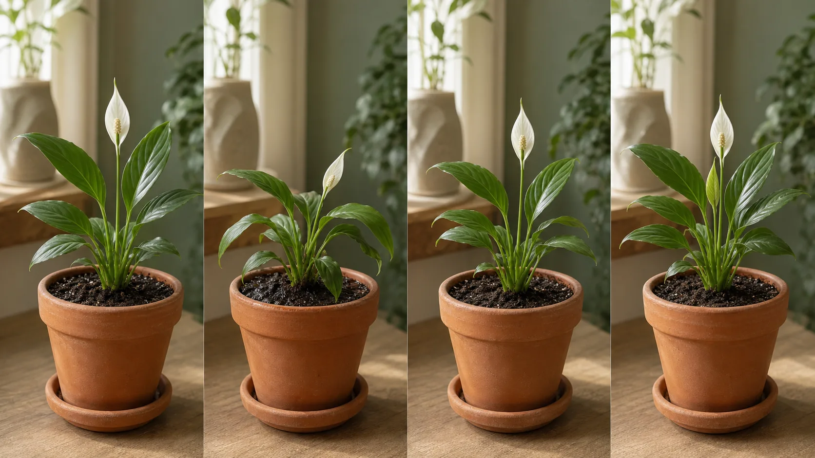 A peace lily division moving from mild droop toward stable new growth over four checks