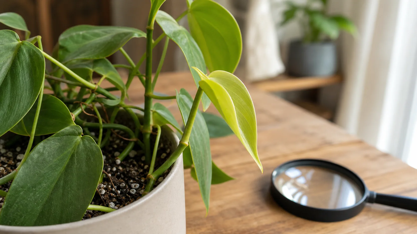 4. Examine new growth Philodendron Yellow Leaves: Old Leaf, Wet Roots, or Light Stress? - 4. Examine new growth