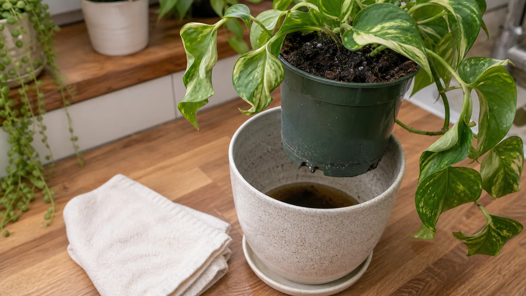 If the pot has stayed wet Pothos Leaves Curling: Dry Soil, Heat, or Root Stress? - If the pot has stayed wet