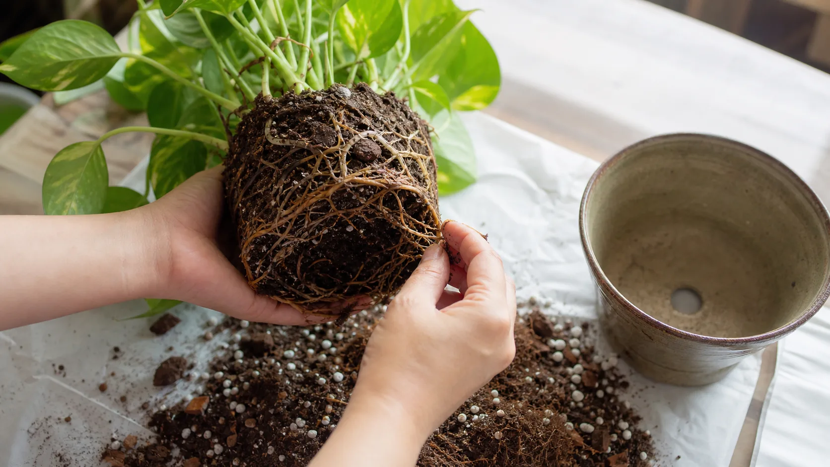 Use an airy mix that drains promptly while retaining some moisture Airy pothos potting mix with bark and perlite beside a draining pot