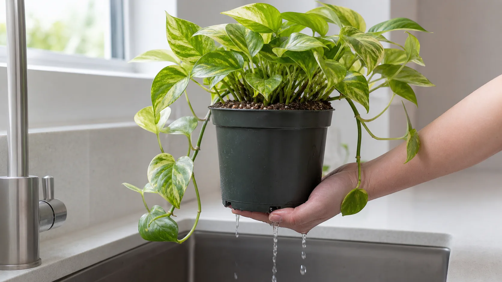 Water once, drain fully, then check the fresh mix before watering again Freshly repotted pothos draining fully over a utility sink