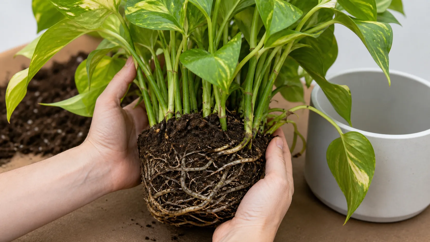 Translate root density and soil condition into the smallest safe repot decision Healthy pothos cutting clump kept intact during root-ball inspection