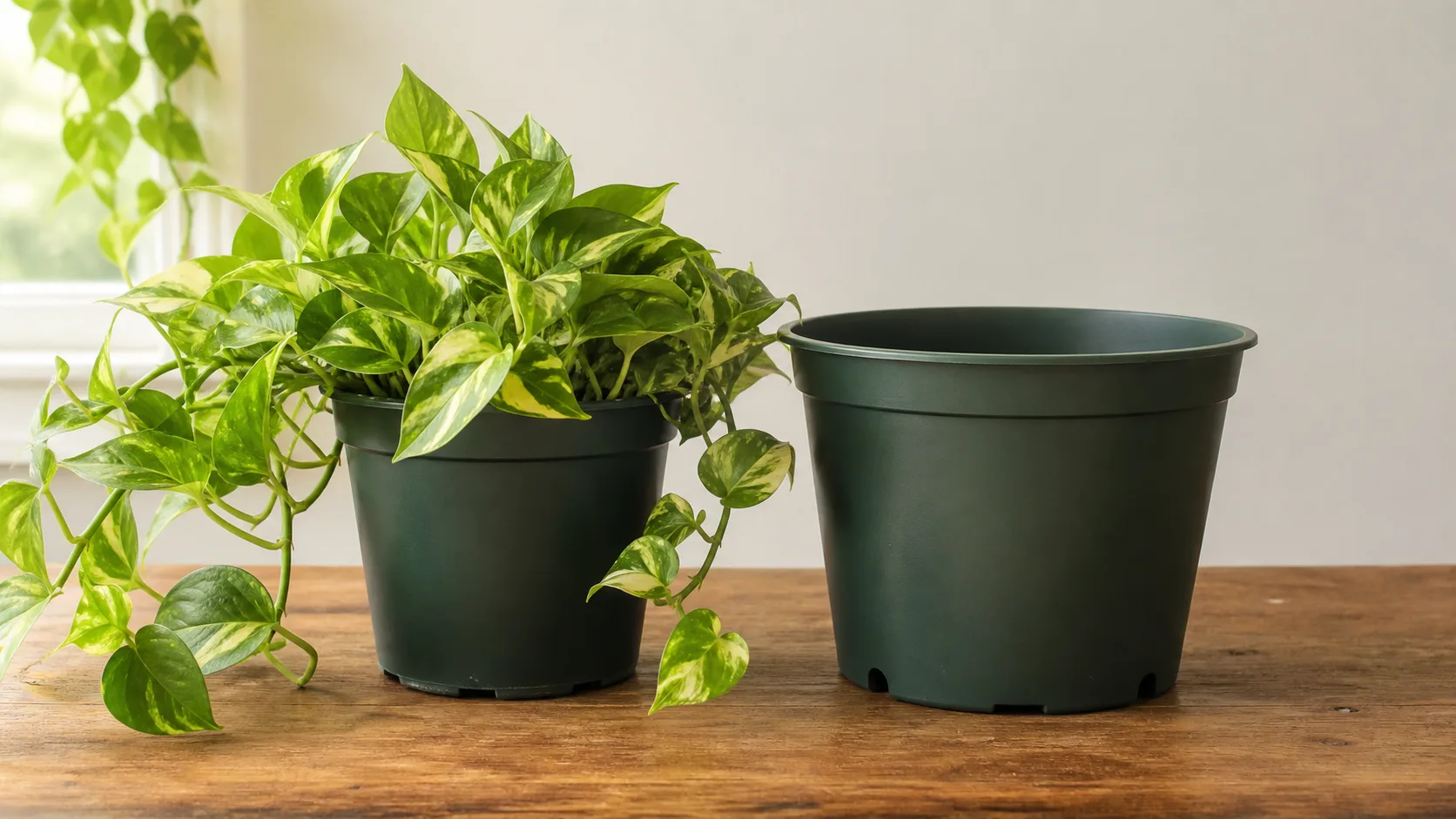 Make one modest change, then monitor the plant for two weeks Current pothos pot beside a modest one-size-up replacement pot