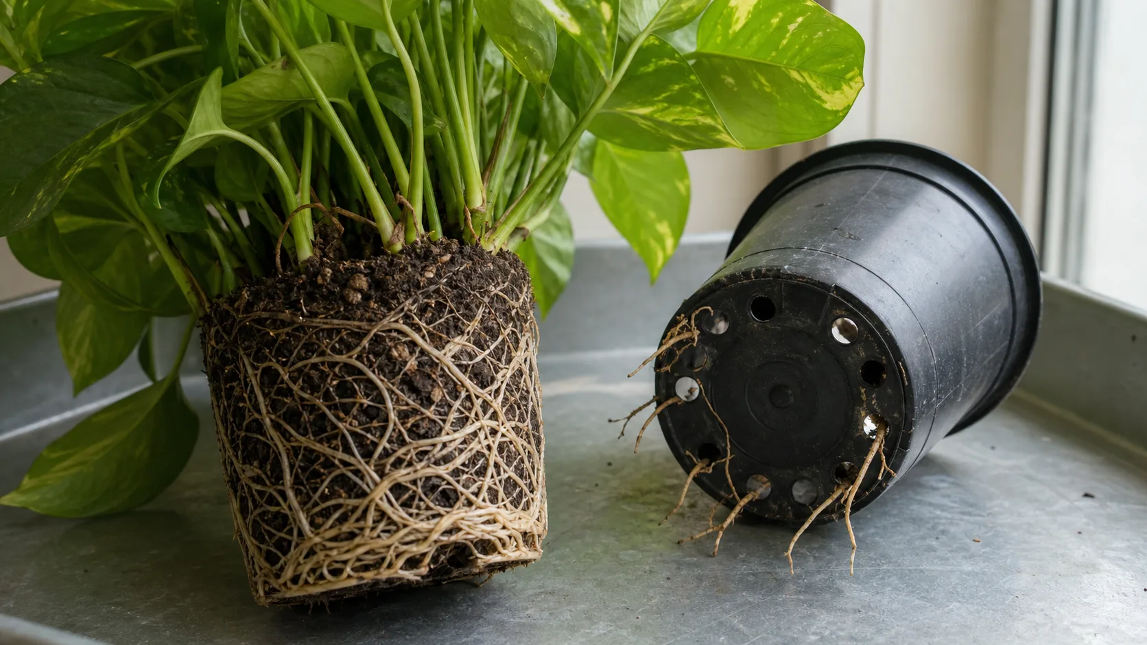 Inspect root density and remaining soil before choosing a larger pot Dense pothos root ball being inspected beside its current pot