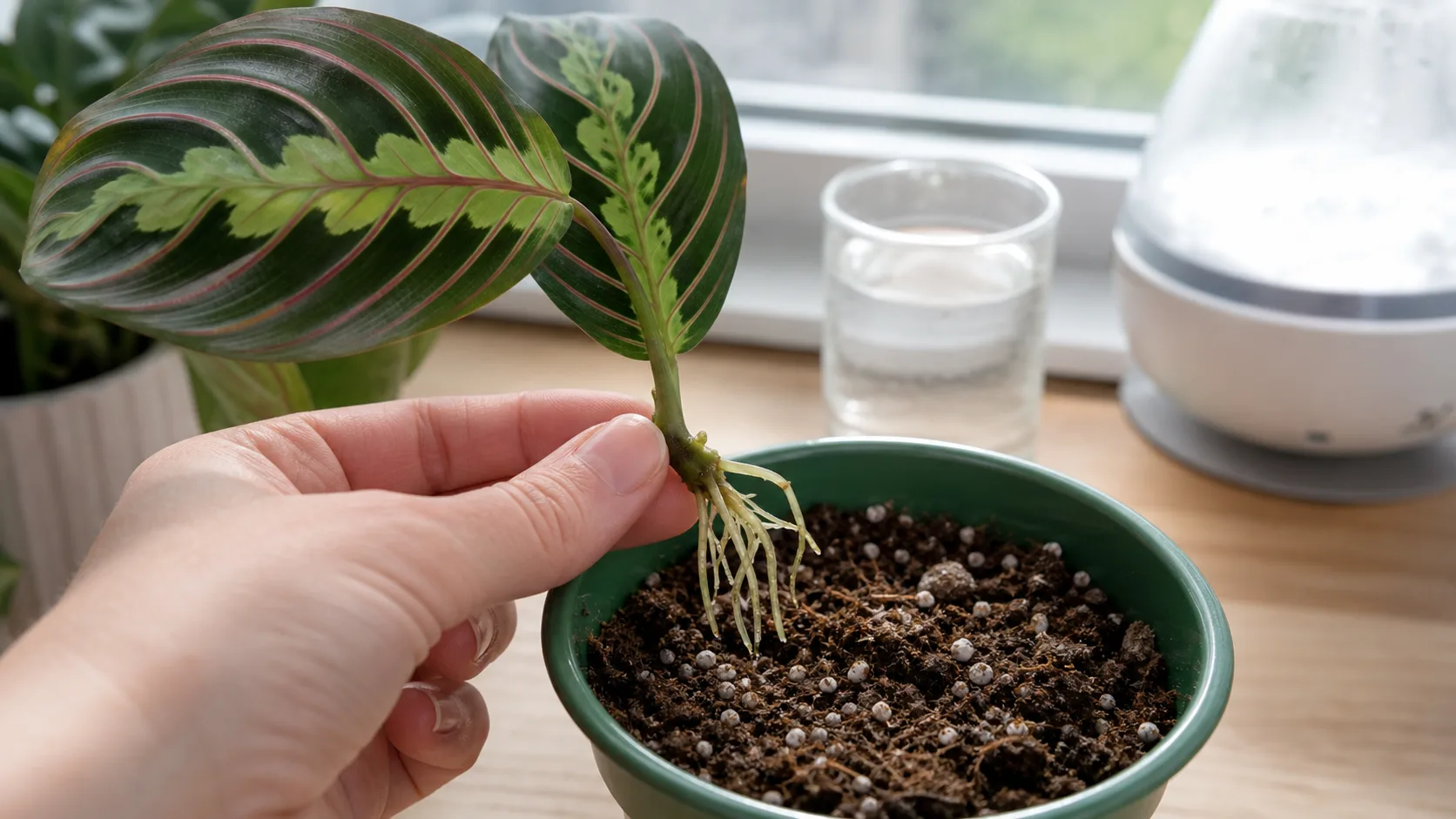 Move a cutting only after several roots have formed and branched Water-rooted prayer plant cutting transitioning into a small draining pot