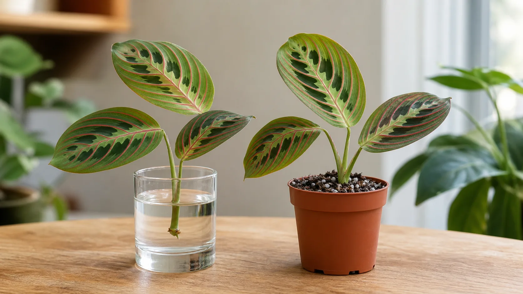 Use visible progress and stable care to guide the next propagation step Prayer plant node cuttings shown in water and airy soil rooting setups
