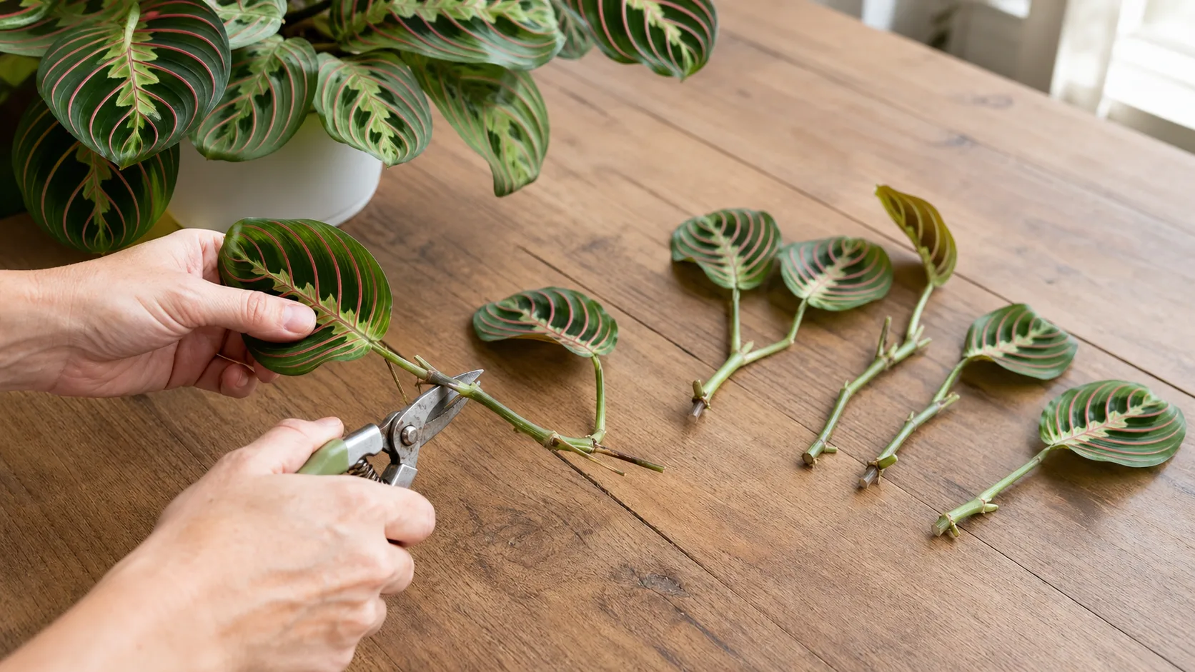 Keep only firm node-bearing tissue when rescuing a broken stem Broken prayer plant stem being checked for a firm healthy node