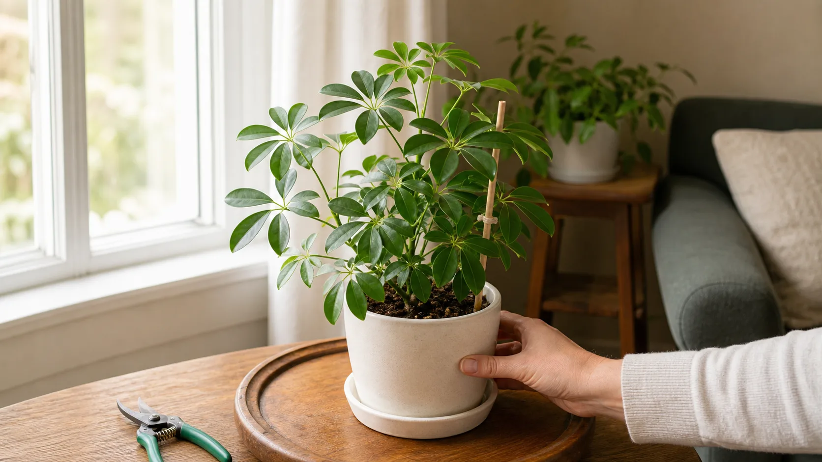 Notice whether the plant is holding leaves, drying more normally, and staying upright: this usually means stabilization is working, and your next action is to choose only one next change, not several Stable Schefflera near a bright window with a support stake and pruning shears