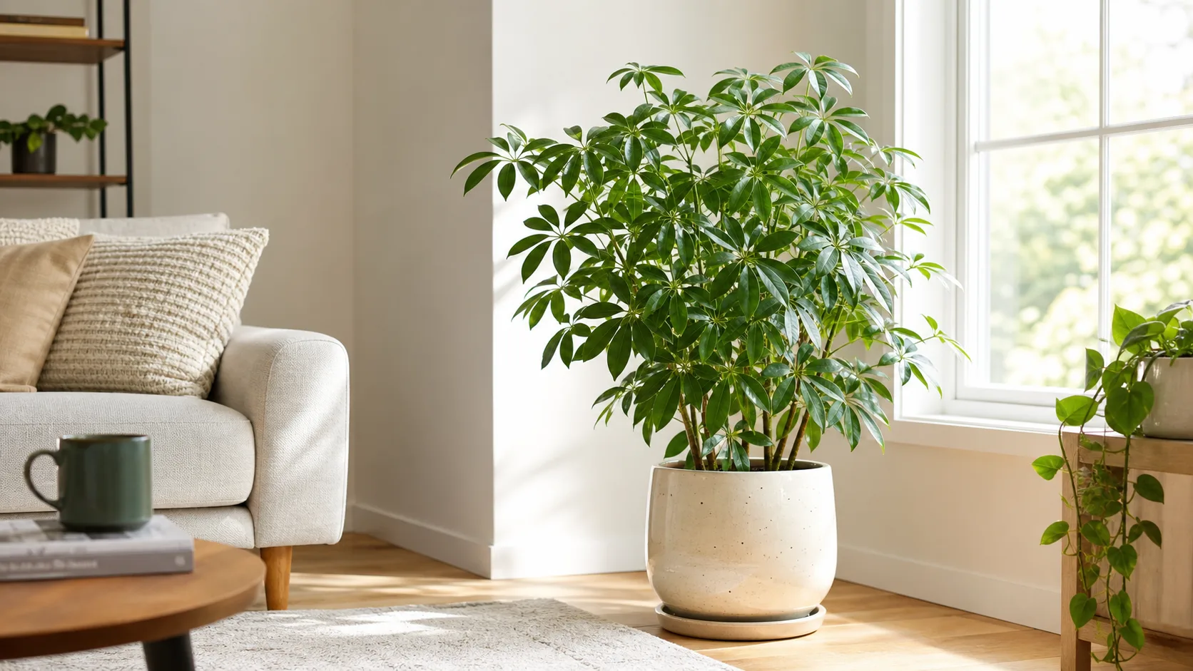 Notice the dense leaf spacing and upright habit: this usually means the plant has enough usable light, and your next action is to preserve that stable placement and avoid random care changes Healthy indoor Schefflera in bright filtered window light with compact glossy leaves