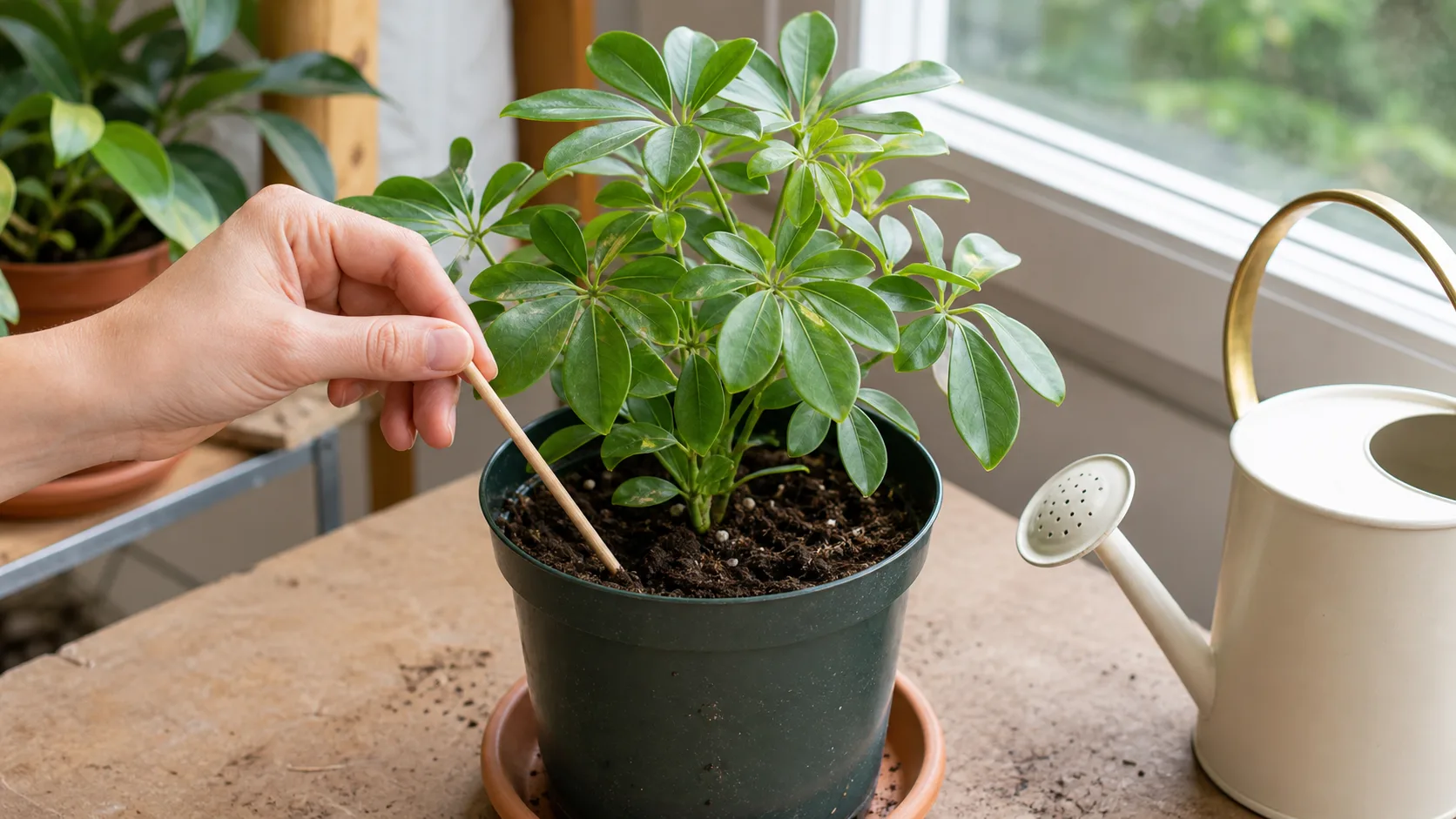 Notice the surface check is only the first signal: what it means depends on pot weight, mix texture, and drainage, and your next action is to read the whole setup before watering Finger checking Schefflera soil beside a draining pot before watering