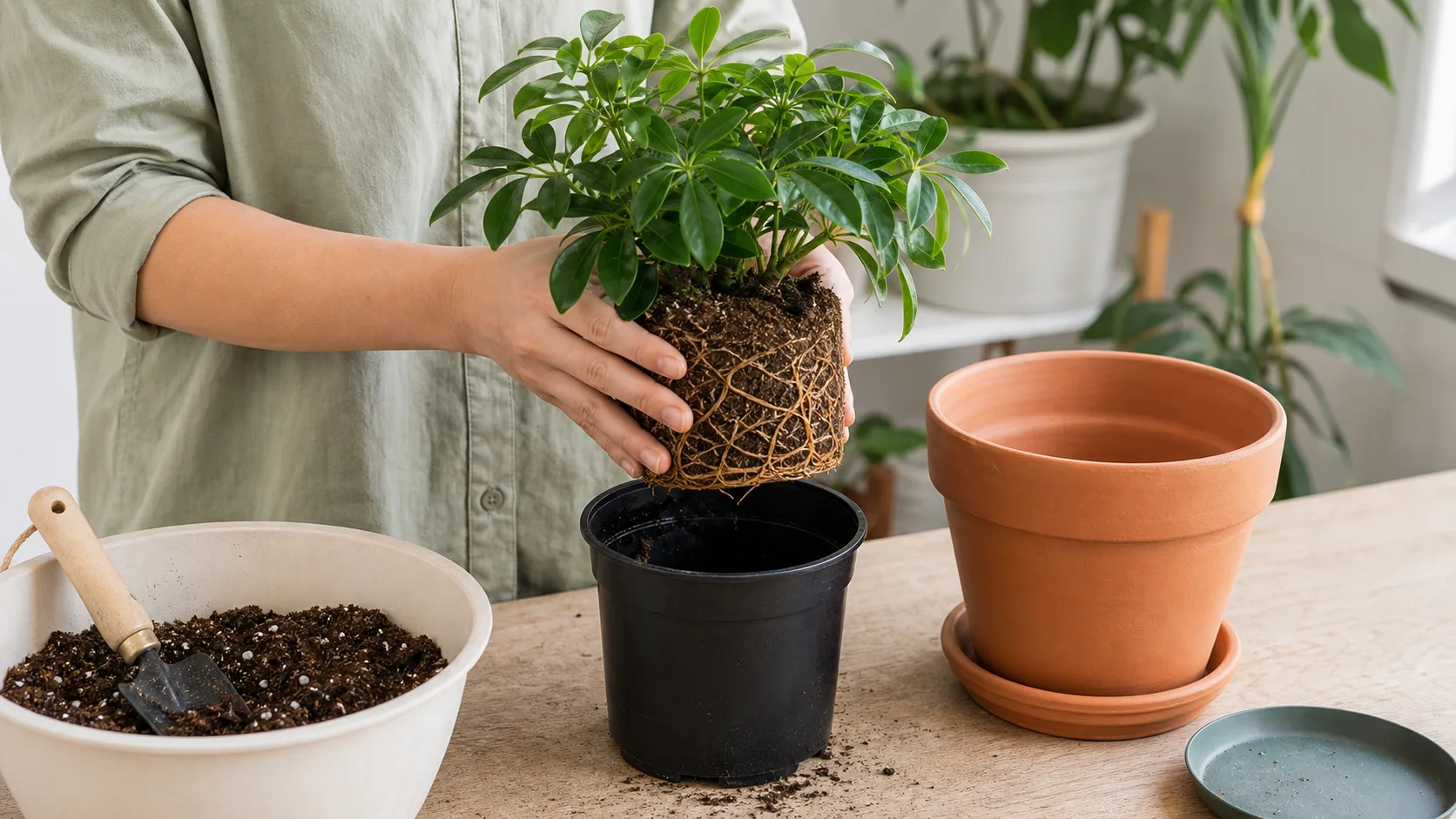 Notice whether roots truly fill the pot and whether the mix has collapsed: this usually tells you if repotting is justified, and your next action is to repot only when root or drainage evidence is clear Schefflera root ball beside a slightly larger pot during a repotting check