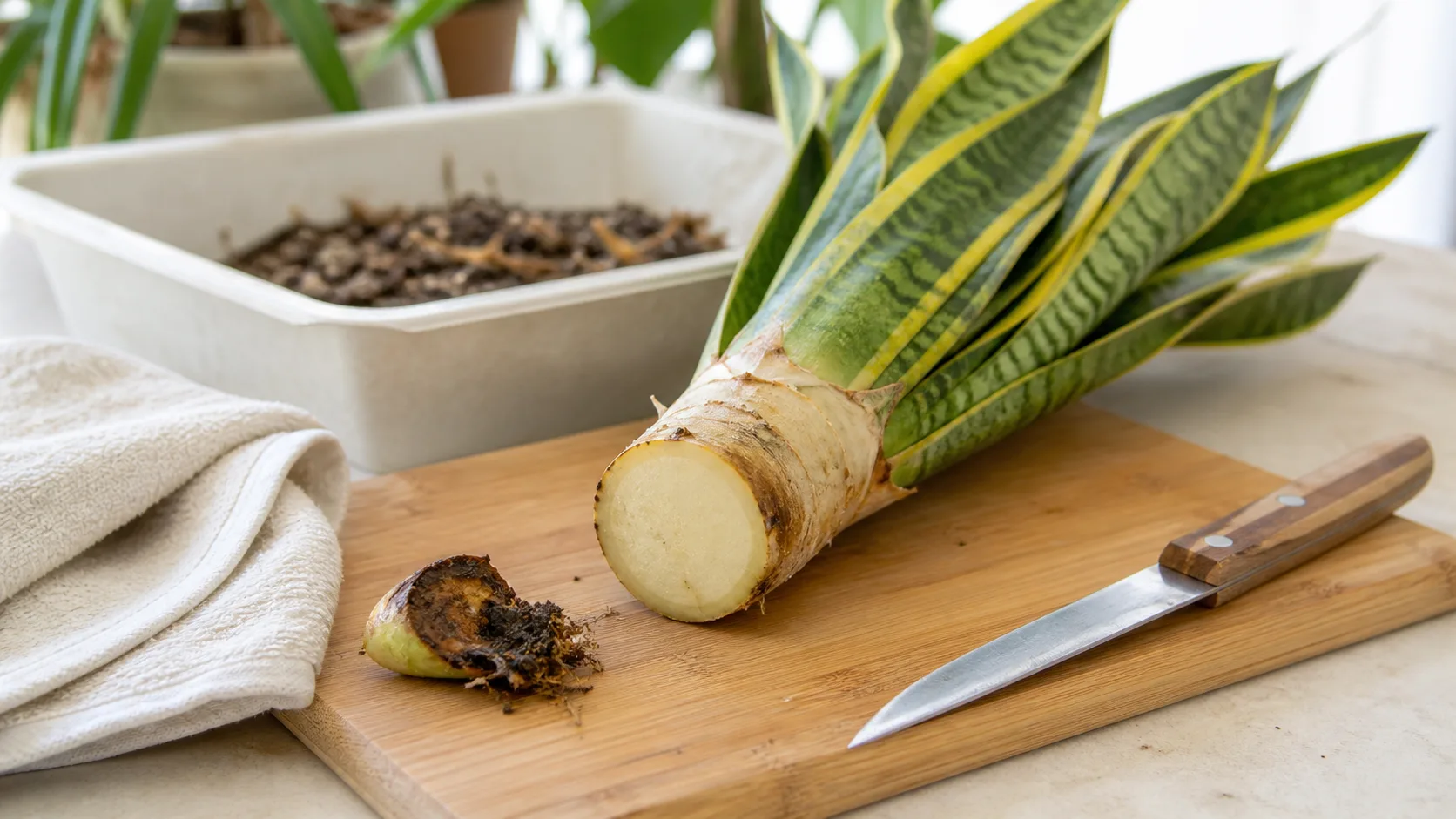 Keep cutting until the rhizome face is uniformly clean and firm Clean cream snake plant rhizome cut beside the separated dark rotted section and a sterile knife