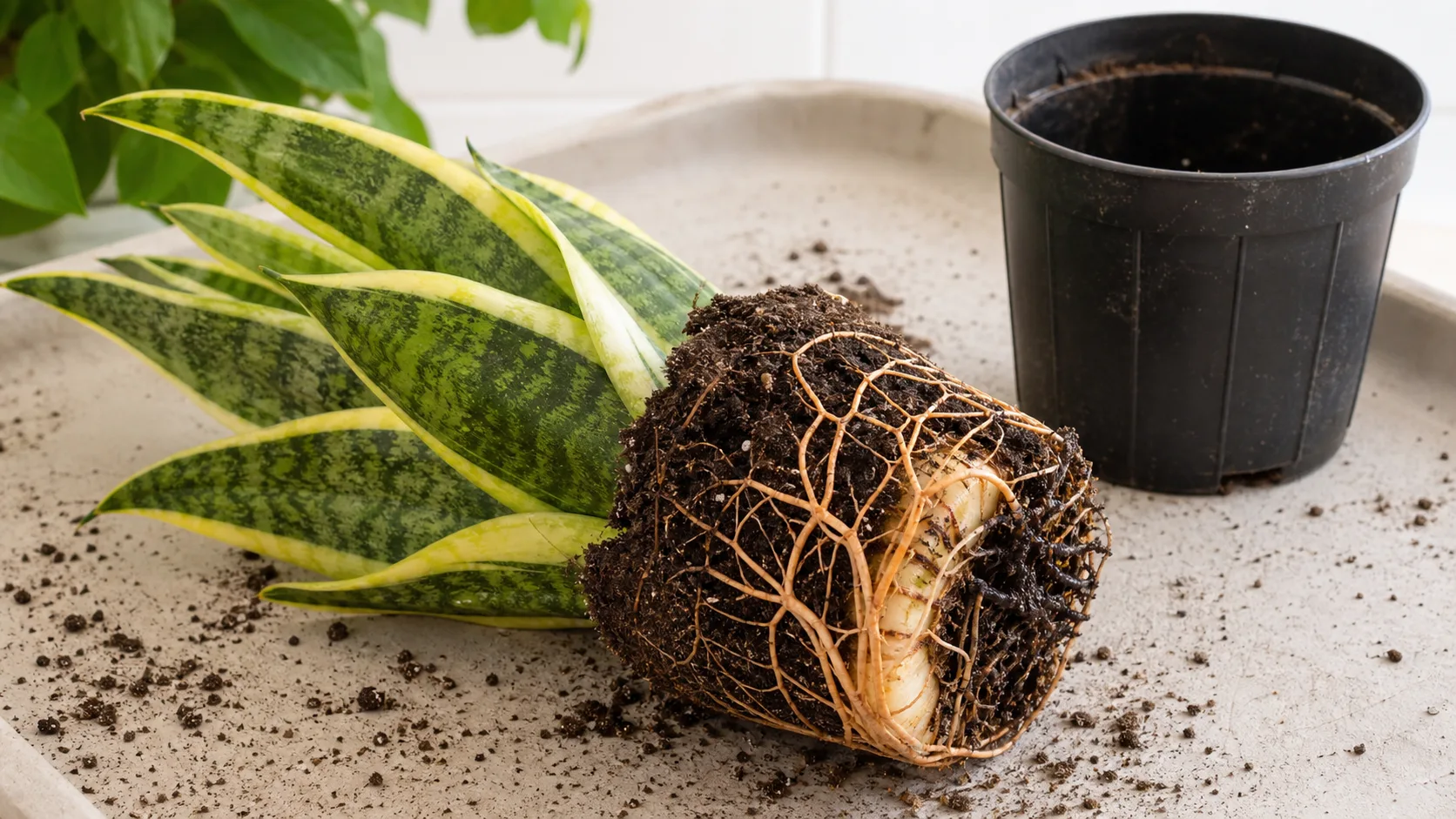 Firm intact roots and rhizome tissue can be saved while dark collapsing roots should be removed Exposed snake plant root ball showing firm pale roots, a cream rhizome, and several dark damaged roots