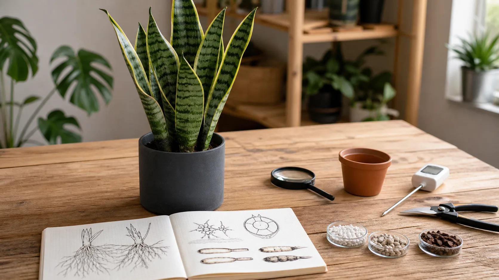 A repeatable root rot assessment records tissue condition, moisture, tools, and replacement mix Snake plant methodology workspace with root diagrams, moisture probe, clean tools, and measured gritty mix components