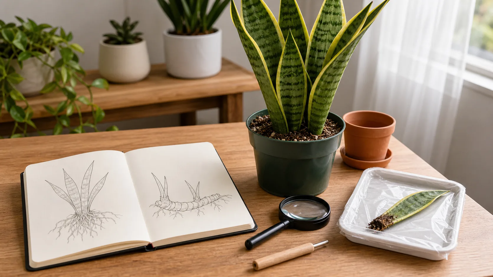 Root texture, rhizome firmness, odor, and growing conditions should agree before diagnosis Snake plant research workspace with root and rhizome drawings, magnifier, and a discarded damaged leaf