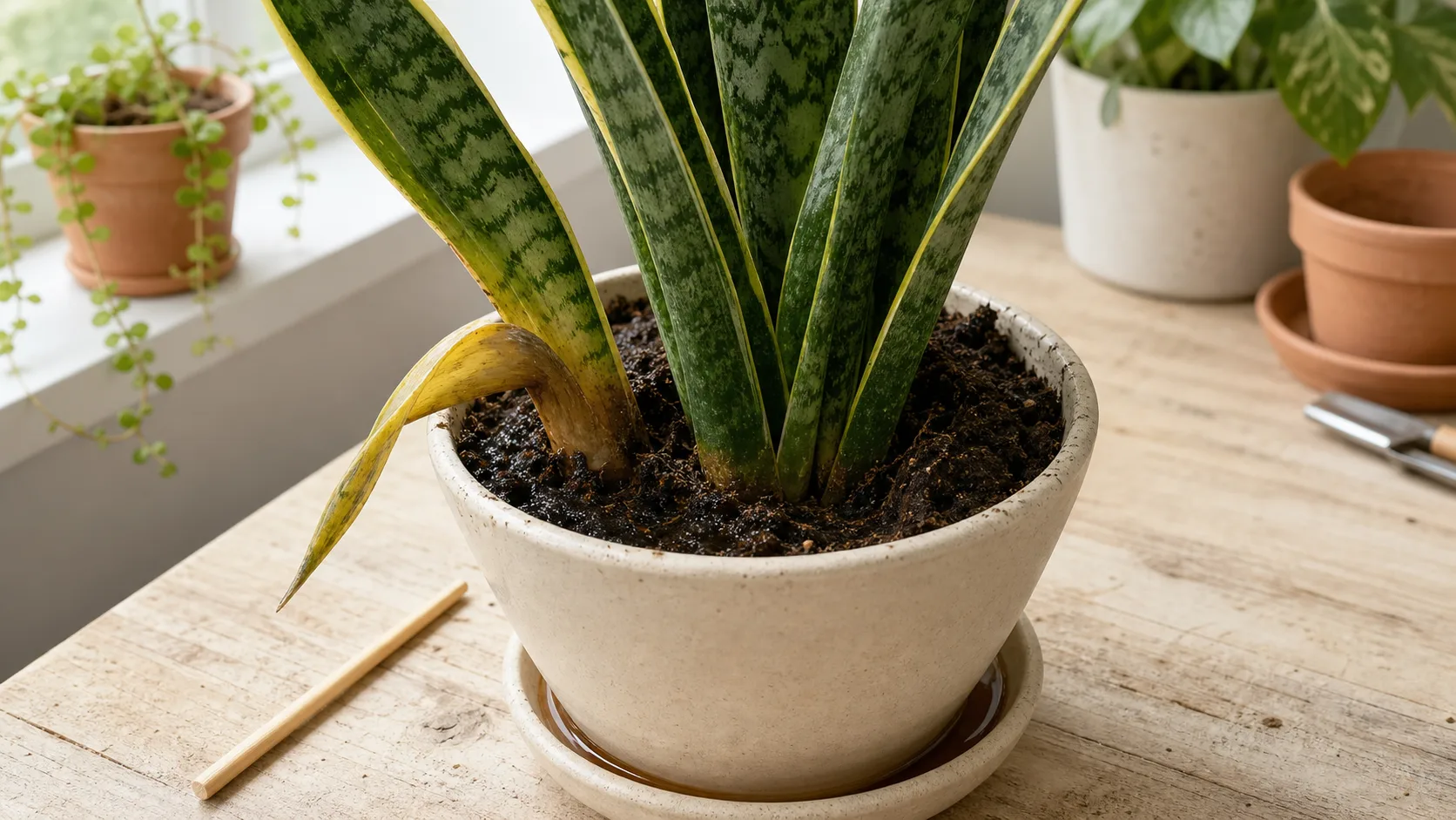 Wet soil plus a soft leaf base is a stronger root rot clue than leaf color alone Snake plant in wet soil with a soft yellowing leaf base beside firm healthy leaves