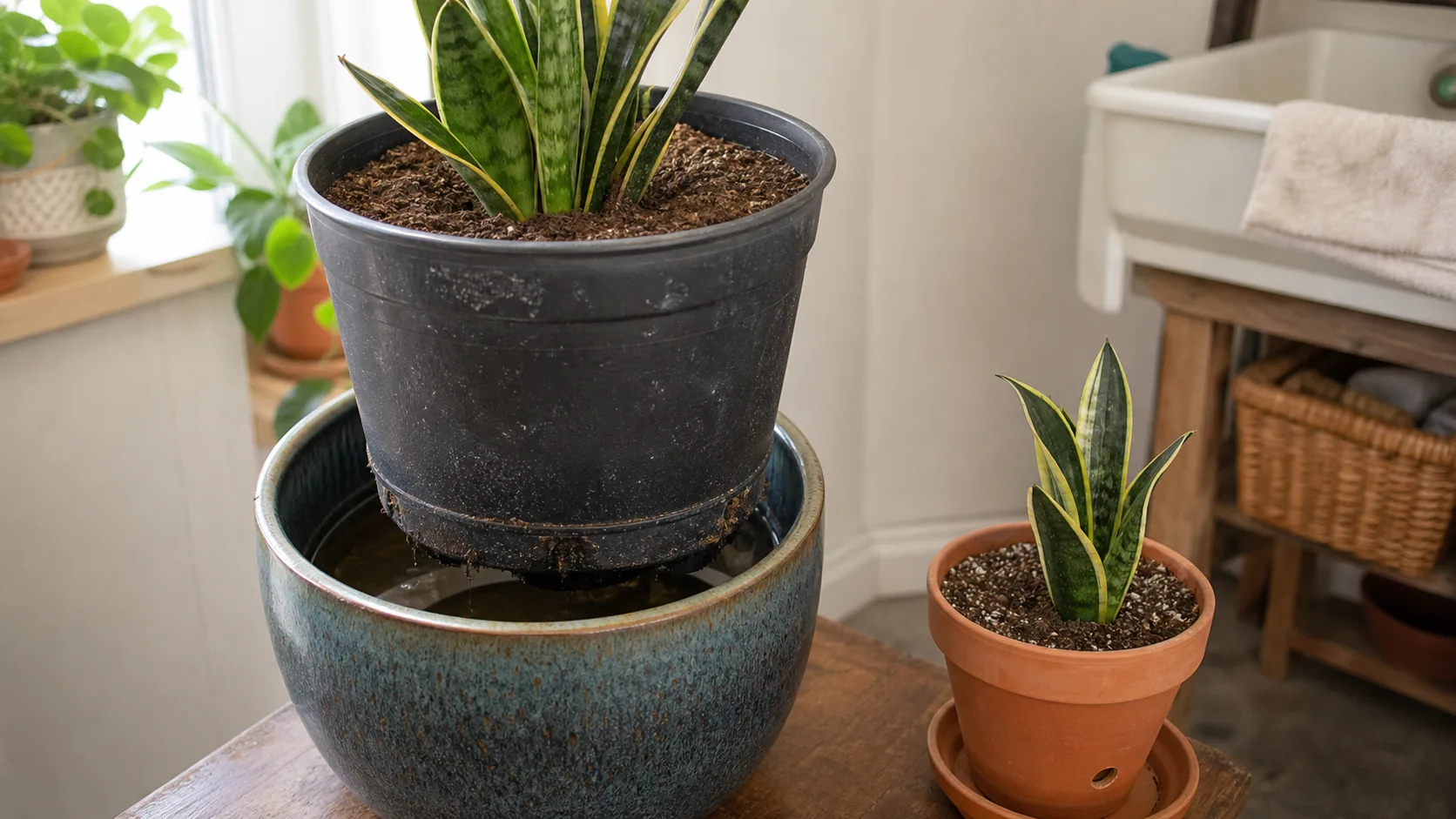A snug draining pot makes dryness-based watering easier after a root rot rescue Oversized plastic snake plant pot above a water-holding cachepot beside a smaller terracotta alternative