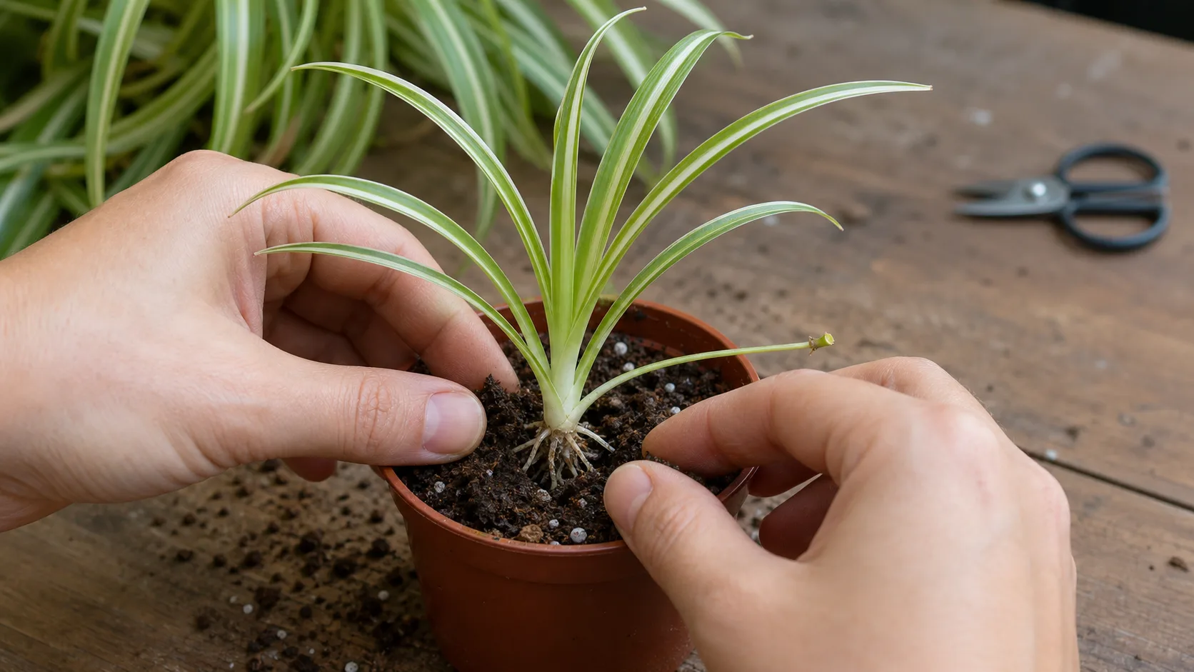 Settle Short Rootlets Into Airy Mix Without Burying the Crown Spider Plant Propagation: Root Plantlets in Water or Soil - Settle Short Rootlets Into Airy Mix Without Burying the Crown