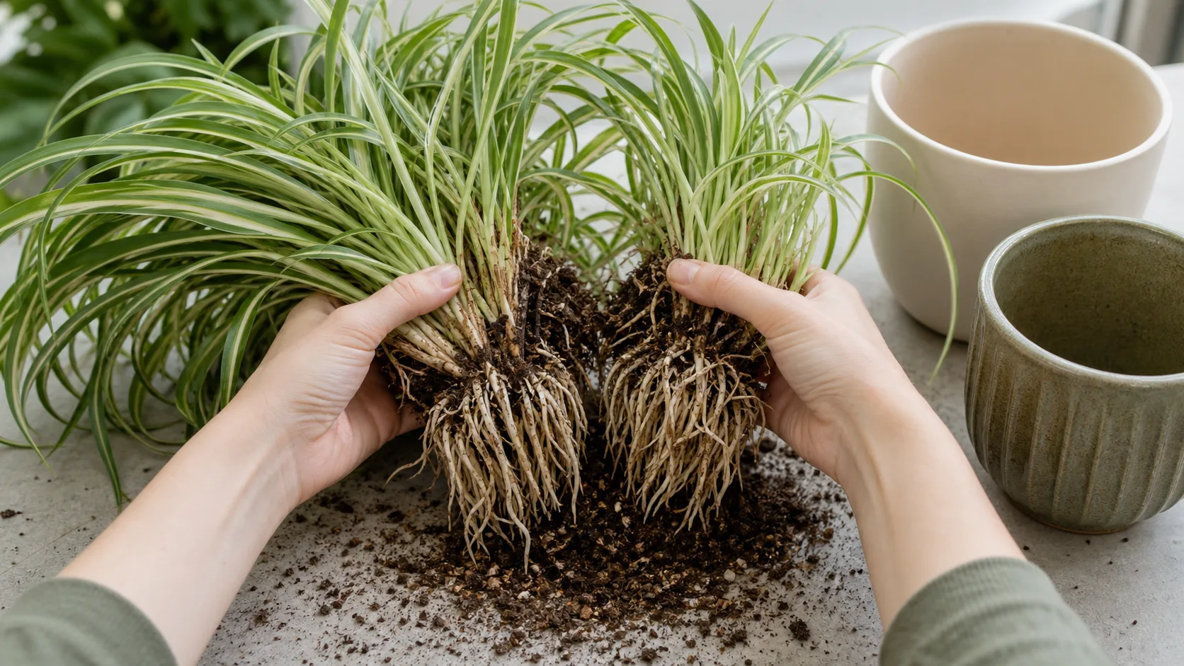 Divide a Crowded Spider Plant Into Two Rooted Crowns Spider Plant Propagation: Root Plantlets in Water or Soil - Divide a Crowded Spider Plant Into Two Rooted Crowns