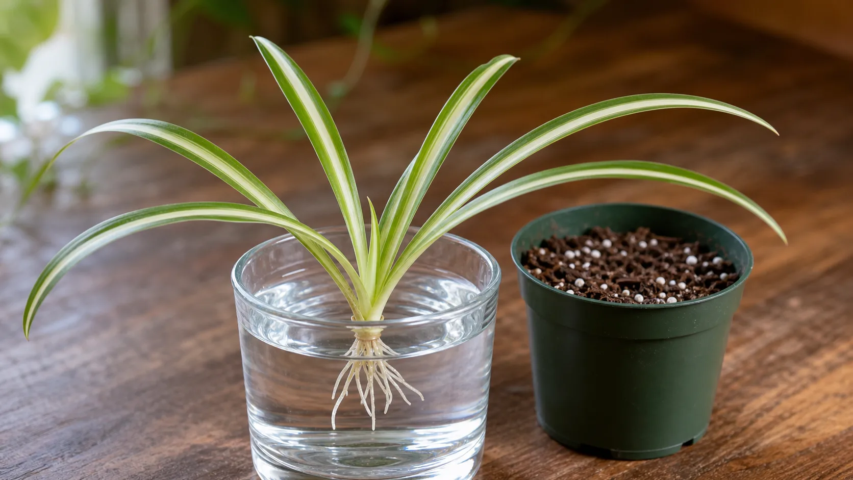 Submerge Short Roots While Keeping the Spider Plant Crown Dry Spider Plant Propagation: Root Plantlets in Water or Soil - Submerge Short Roots While Keeping the Spider Plant Crown Dry