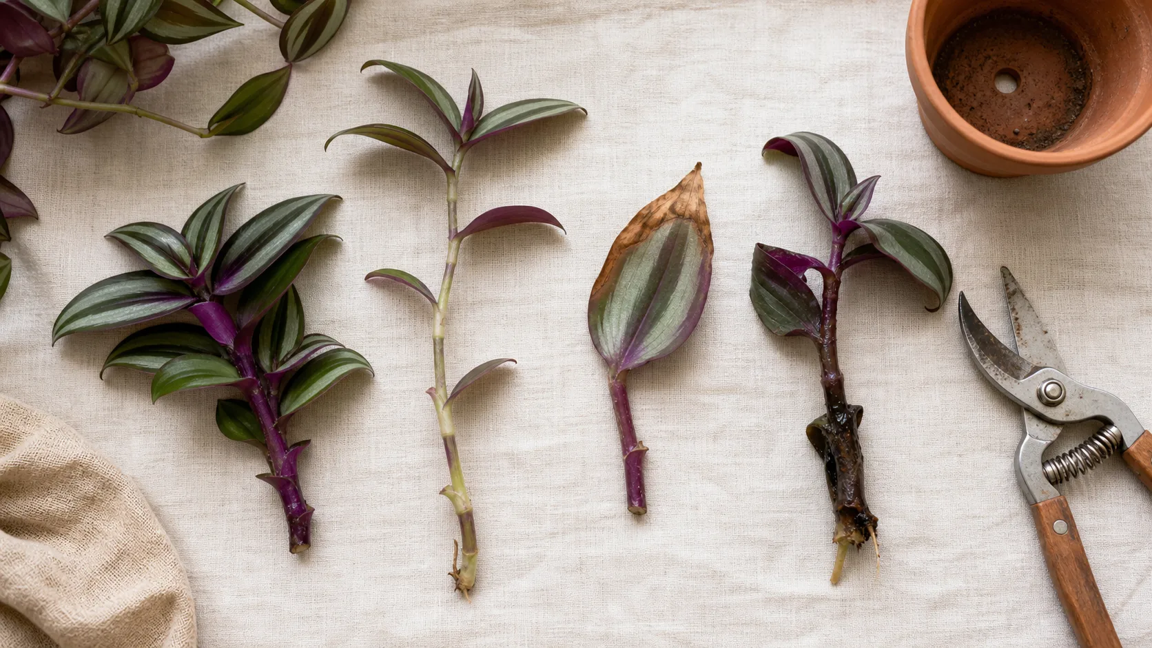 Healthy, Stretched, Crispy, and Rotting Stem Clues Tradescantia Care: Fuller Growth, Better Color, and Easy Cuttings - Healthy, Stretched, Crispy, and Rotting Stem Clues
