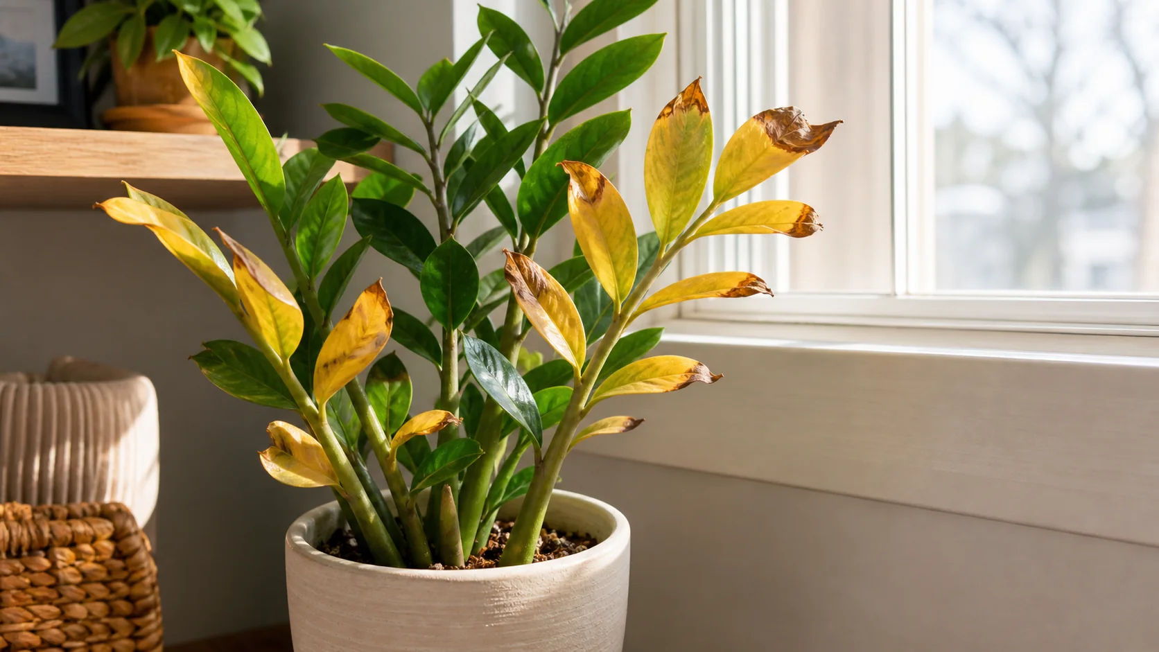ZZ Plant Yellow Leaves: Causes and How to Fix It - Yellow leaves that are crisp or stiff, possibly with curled edges or a dull, faded look