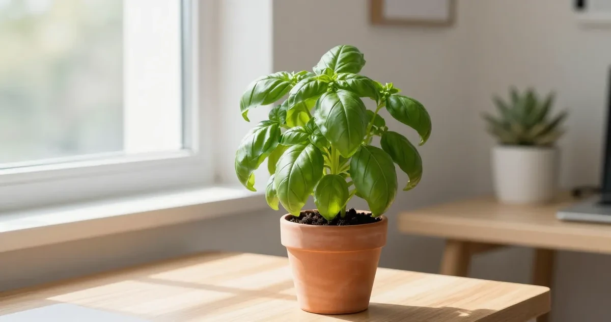 Healthy basil plant growing in a terracotta pot on a sunny windowsill