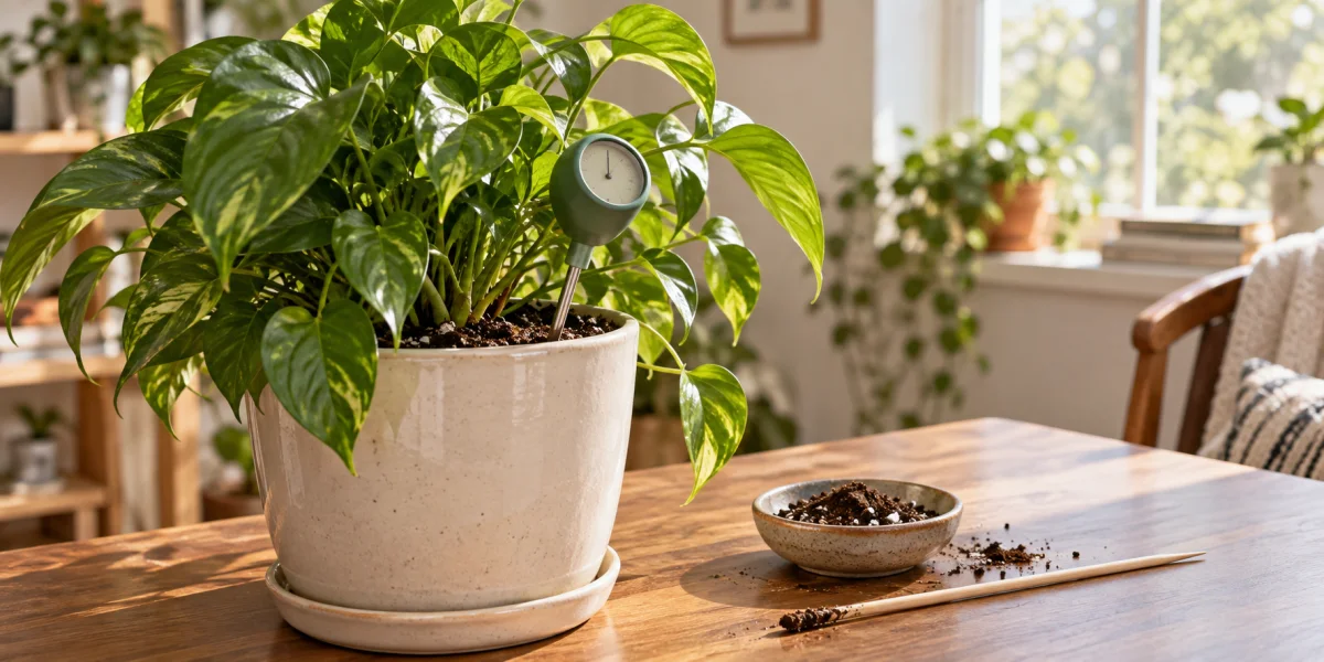Analog soil moisture meter inserted into a pothos pot beside a wooden soil-checking skewer